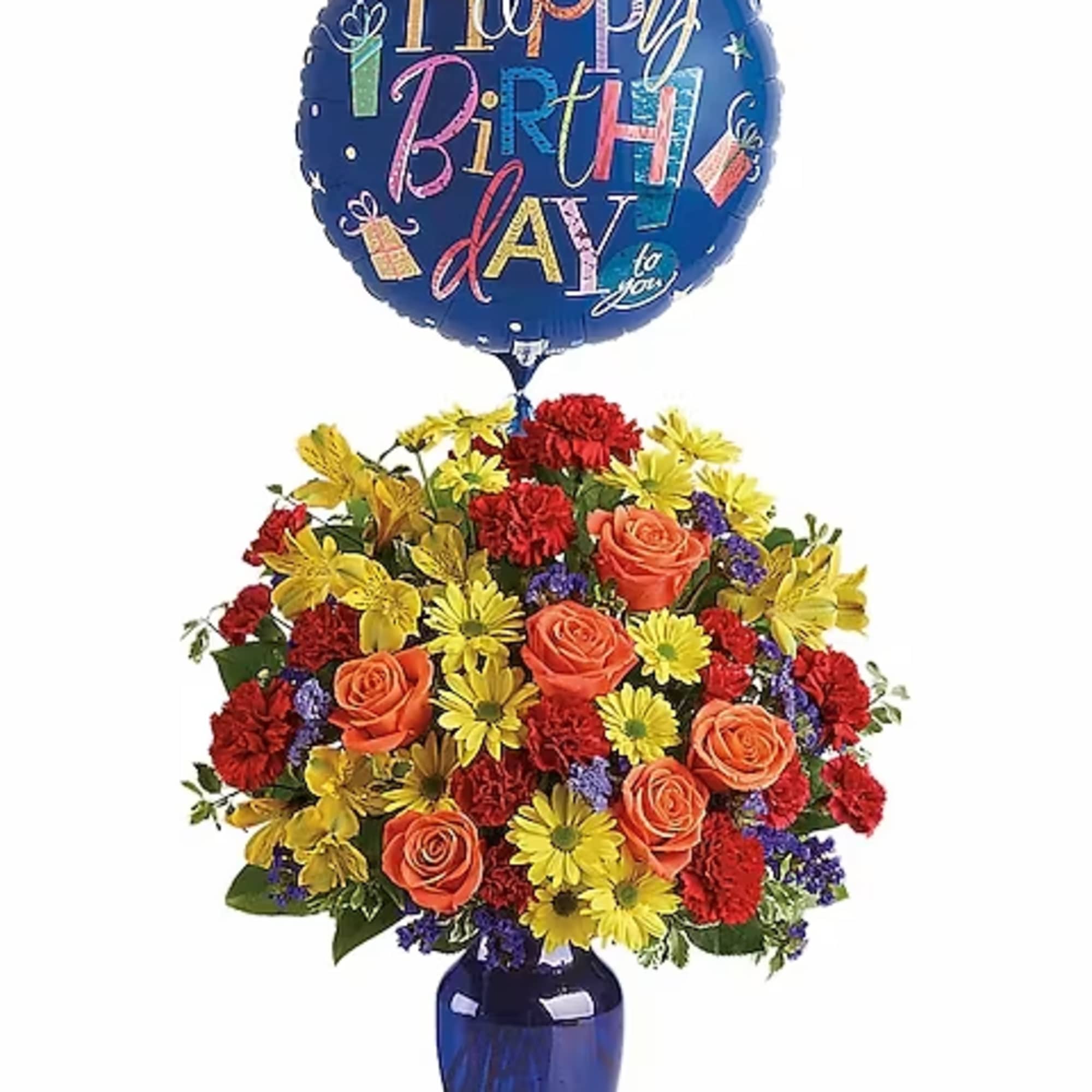 Birthday balloon above a colorful flower arrangement in a blue vase