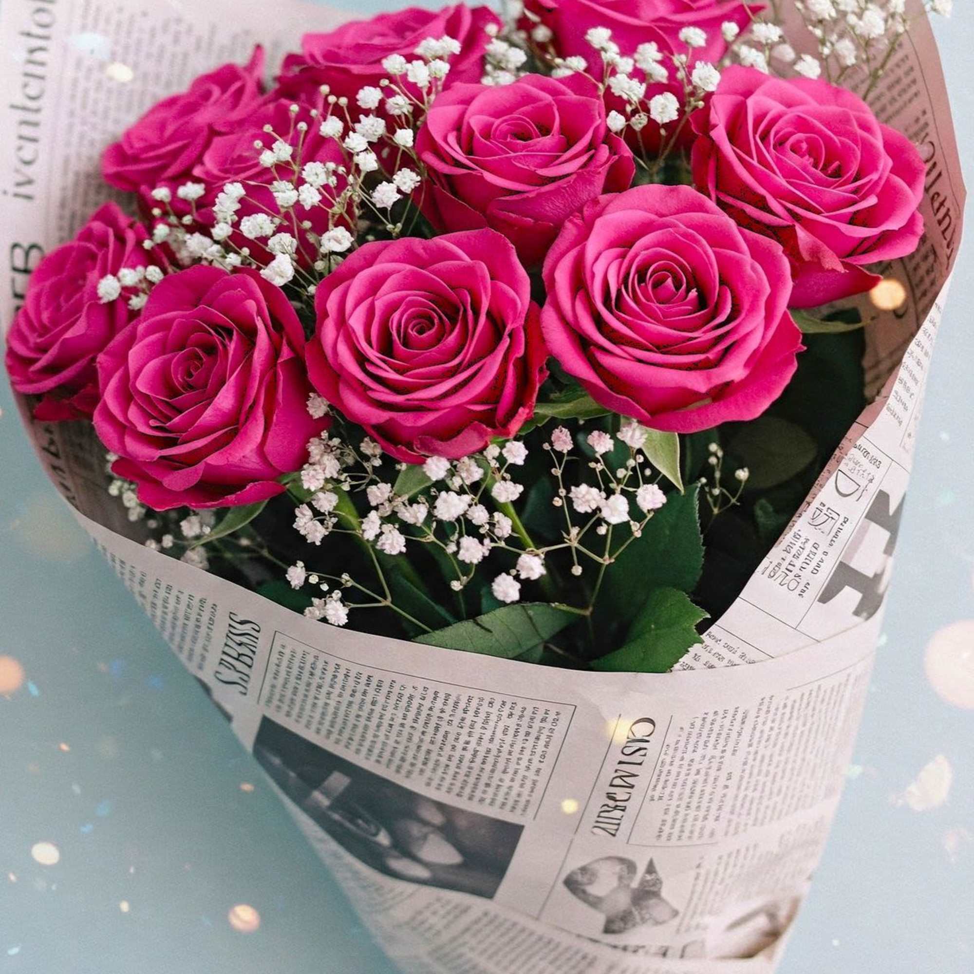 Vibrant hot pink roses (12 stems) beautifully arranged with delicate baby&rsquo;s breath