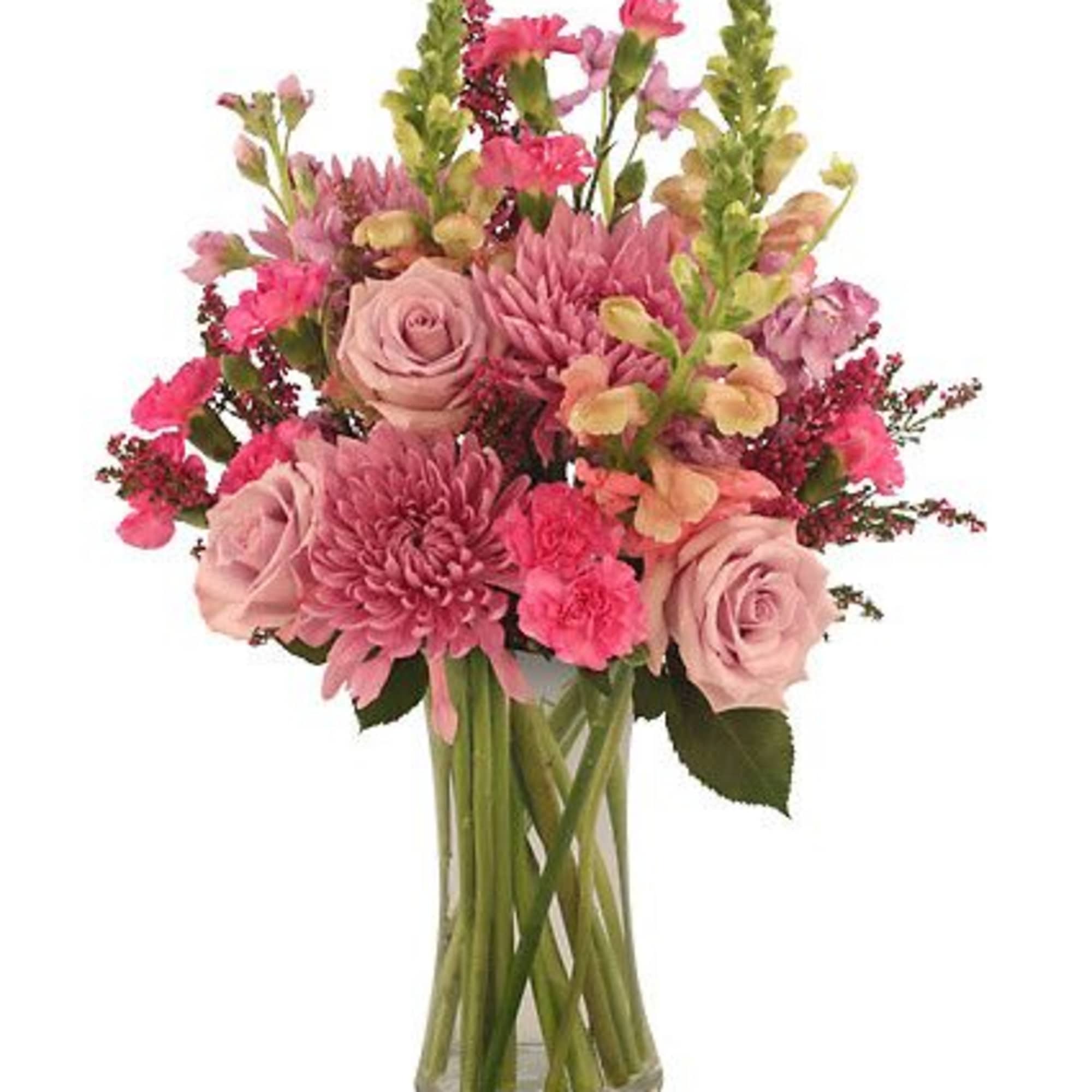 Regency Vase, Pale Peach Snapdragons, Lavender Spider Or Cremon Mums , Pale