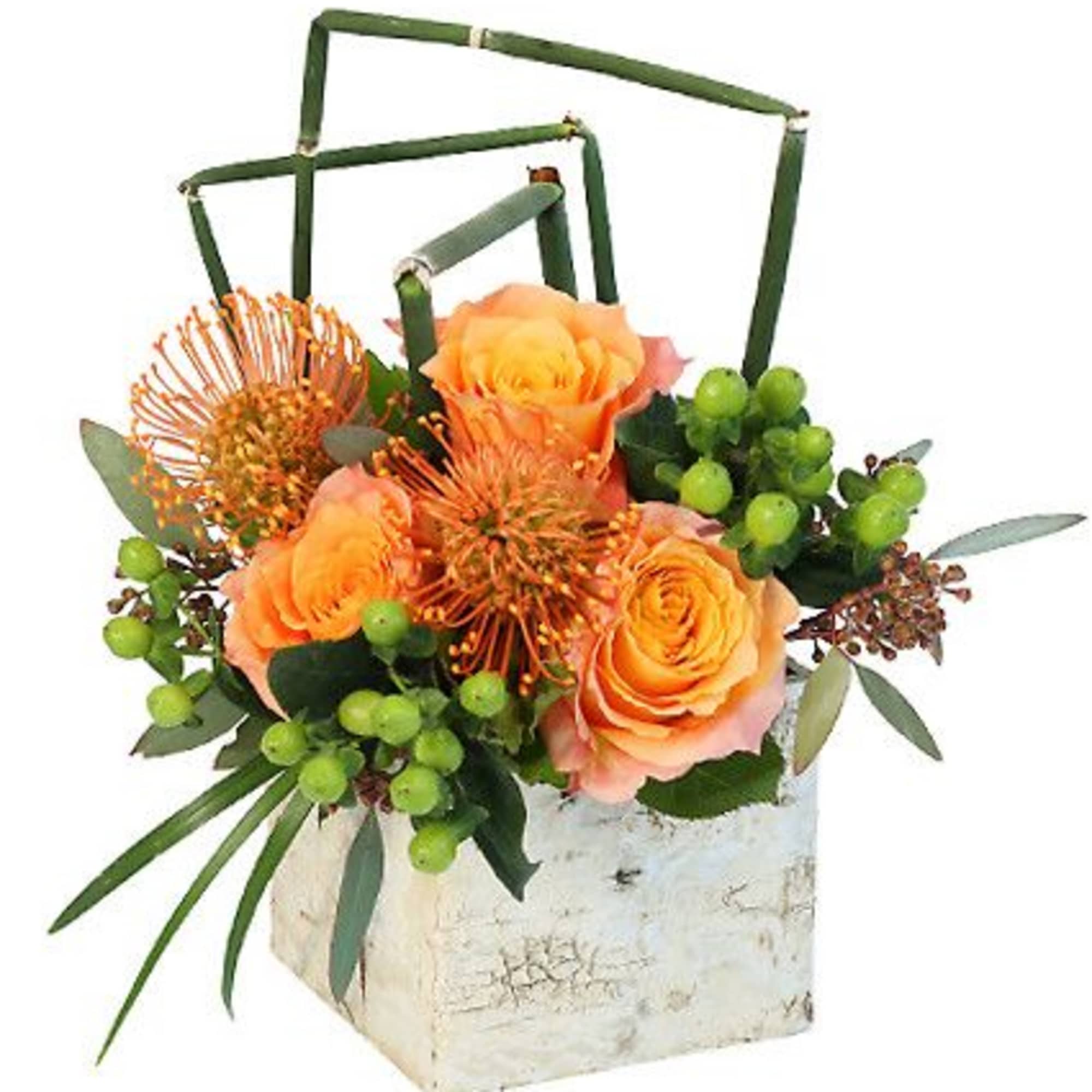 Birch Wood Box , Foliage: Seeded Eucalyptus, Lily Grass, Equisetum, Orangeyellow Free