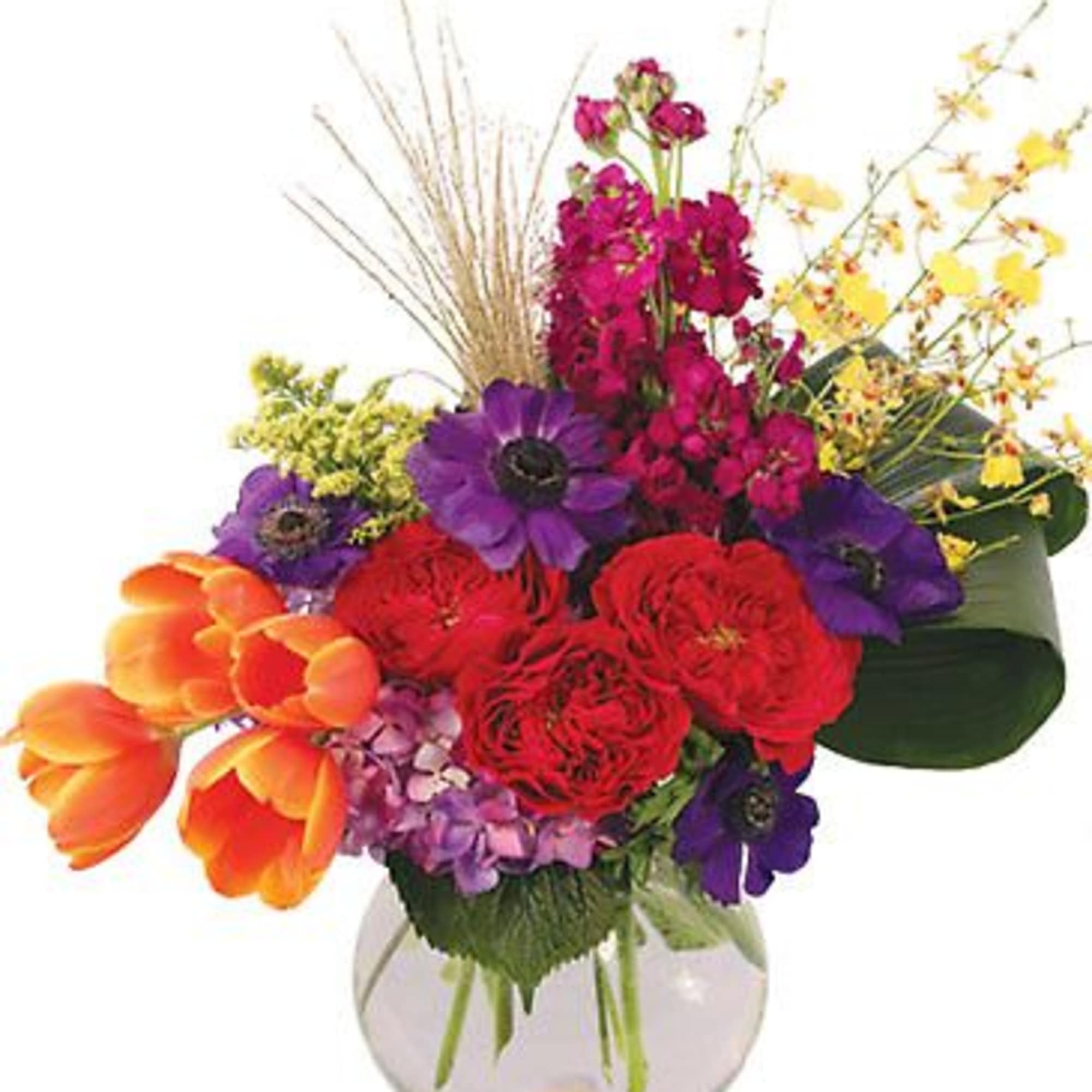 Regal Treasure is a vibrant delight bursting with red garden roses, purple