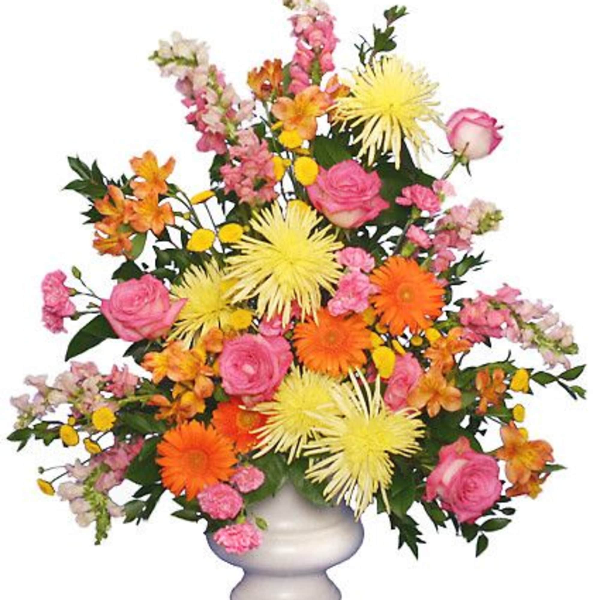 Acrylic Urn Container,  foliage: Huckleberry, Salal,   Yellow Spider Fuji