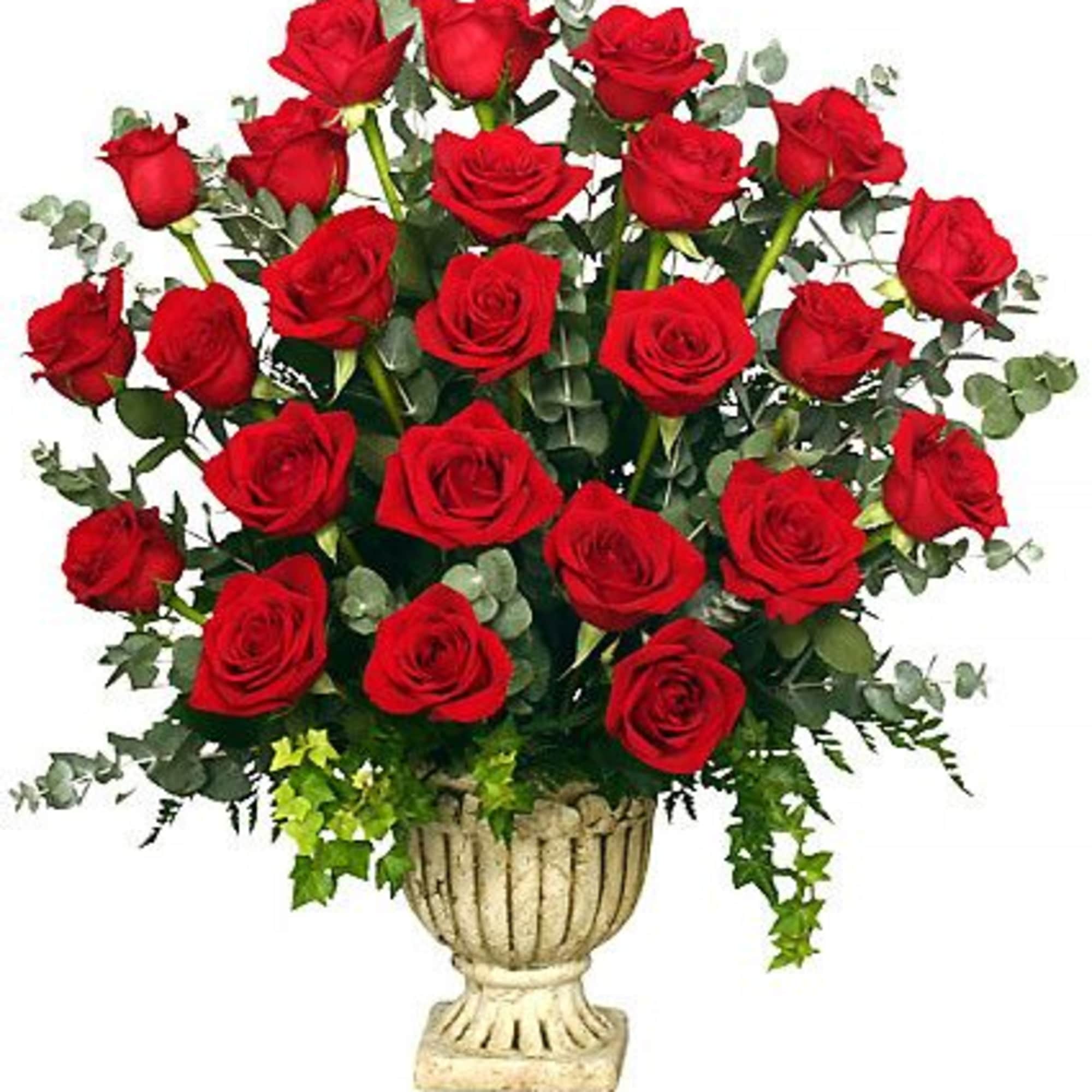 A beautiful Grecian urn filled with red roses and greenery. This funeral