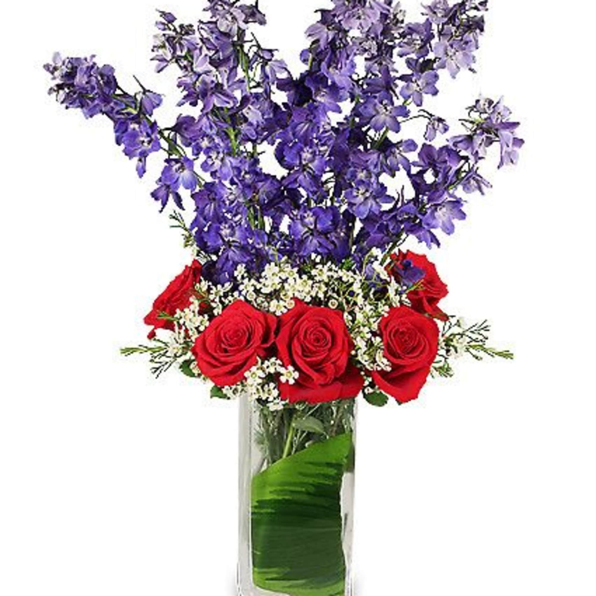 Send Floral Fireworks with the American Spirit flower arrangement! Featuring vibrant red