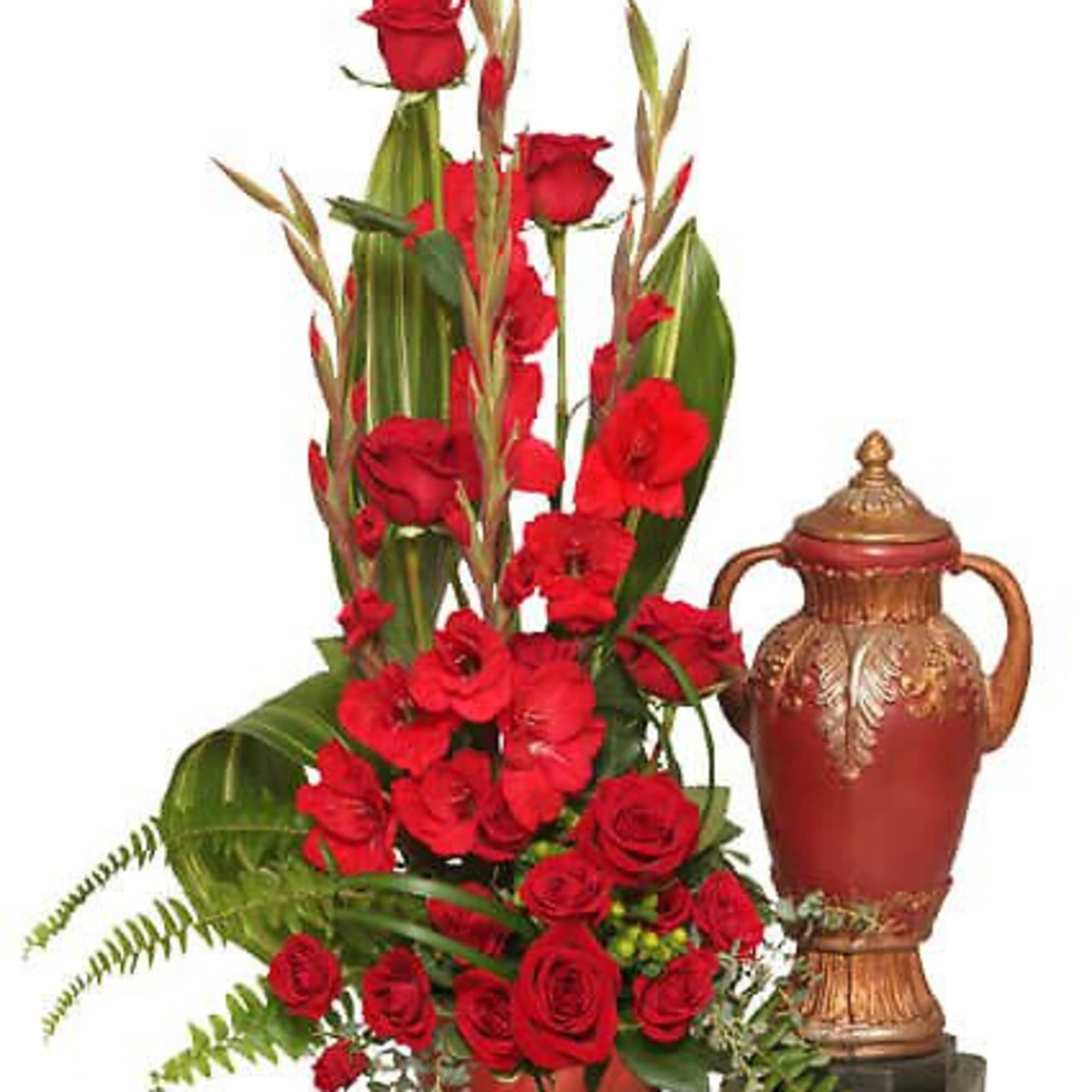 Red &amp; Gold Round Design Bowl, Foliage: Variegated Pittosporum, Sword Fern, Aspidistra