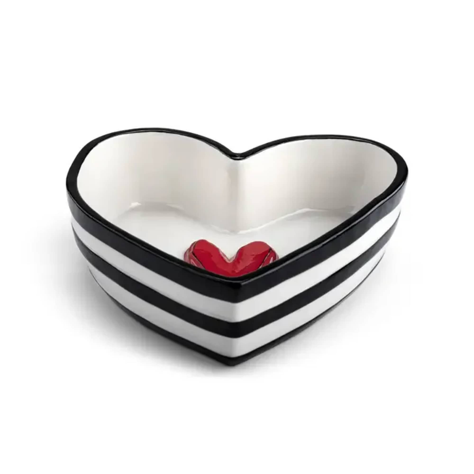 Heart-shaped black-and-white striped bowl with a red heart accent
