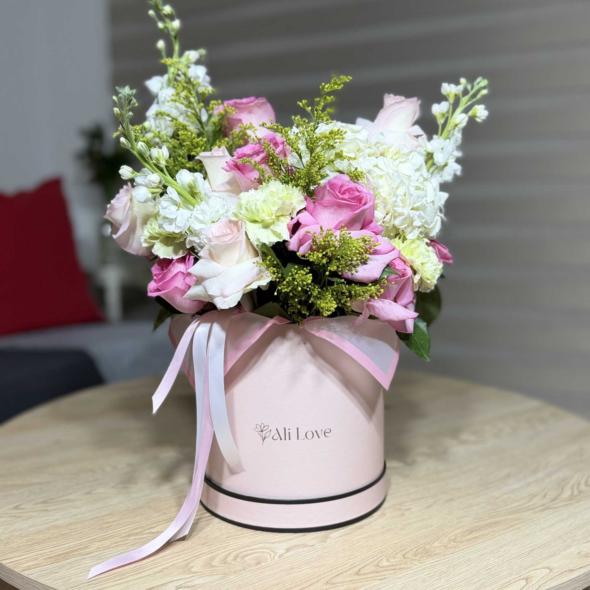 A gentle Mother&rsquo;s Day arrangement of hydrangeas, roses, and stock flowers. Delicate, photo 3 of 3