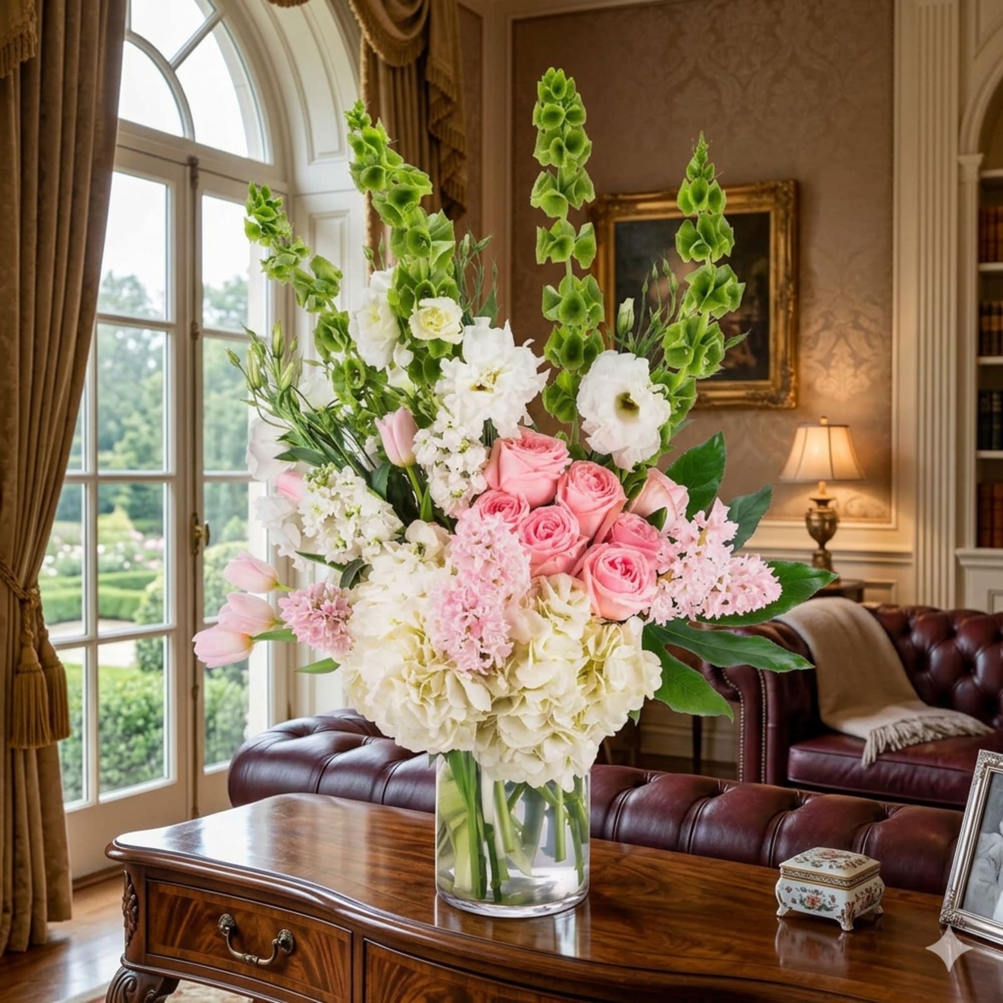 Soft pink roses, tulips, and hyacinth mingle with fluffy white hydrangeas and