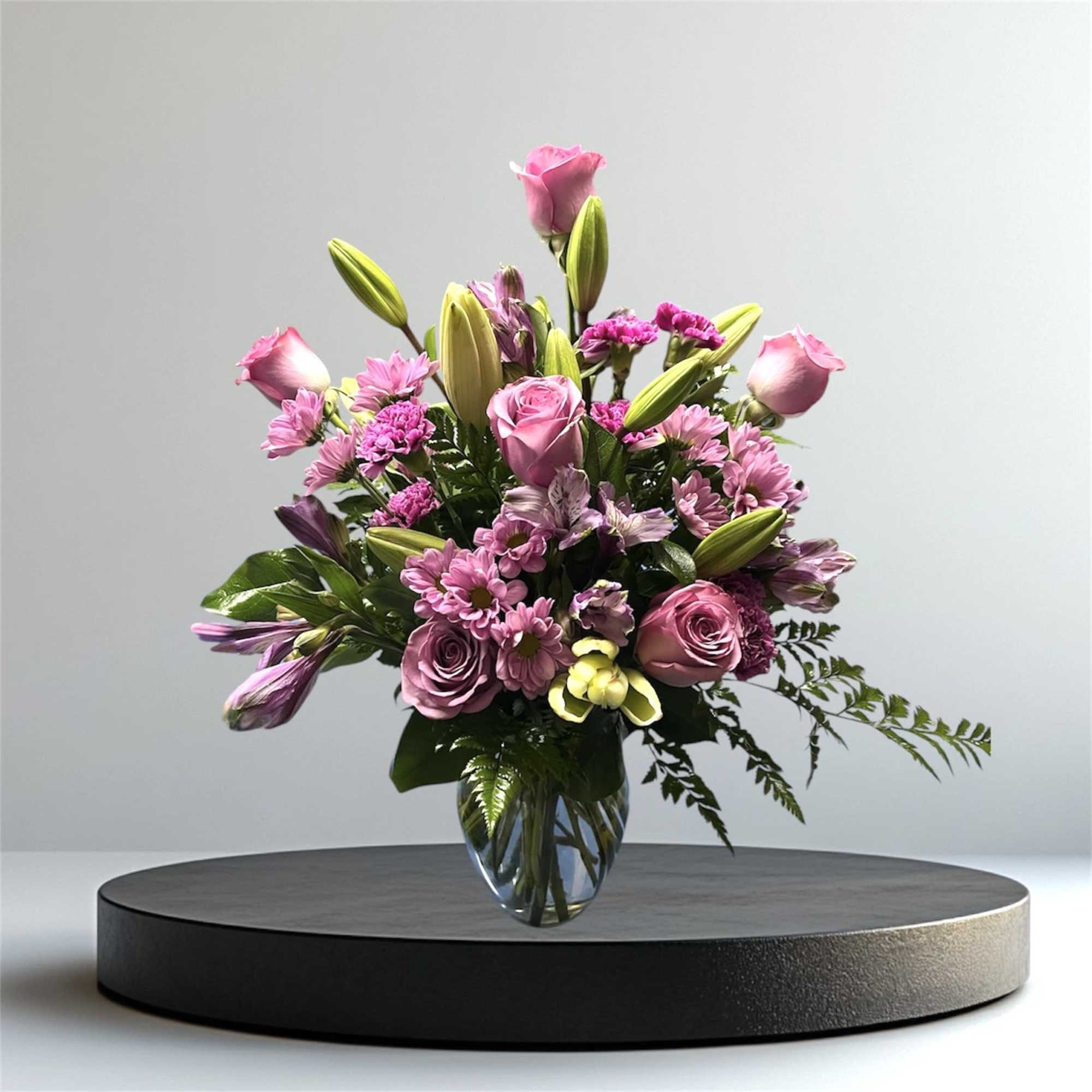 Pink and lavender mixed bouquet in a clear glass vase