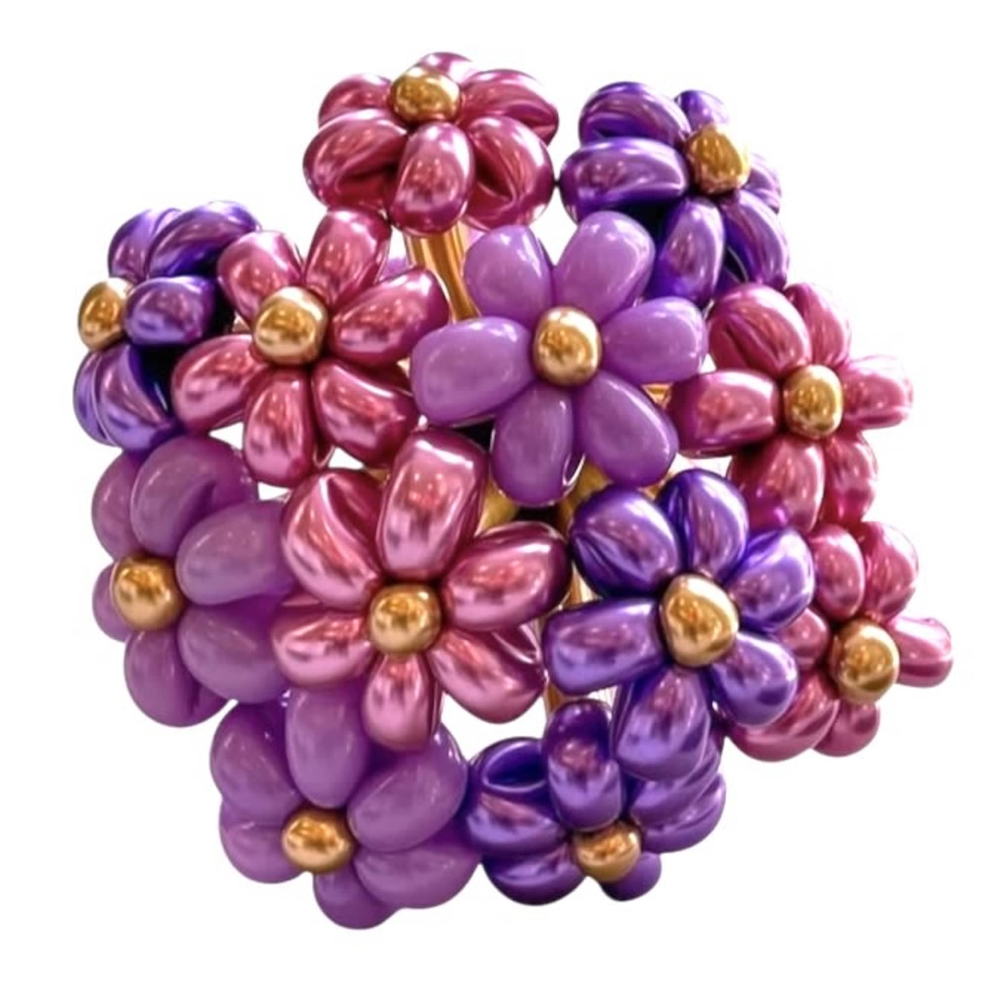 Cluster of purple and pink balloon flowers with gold centers