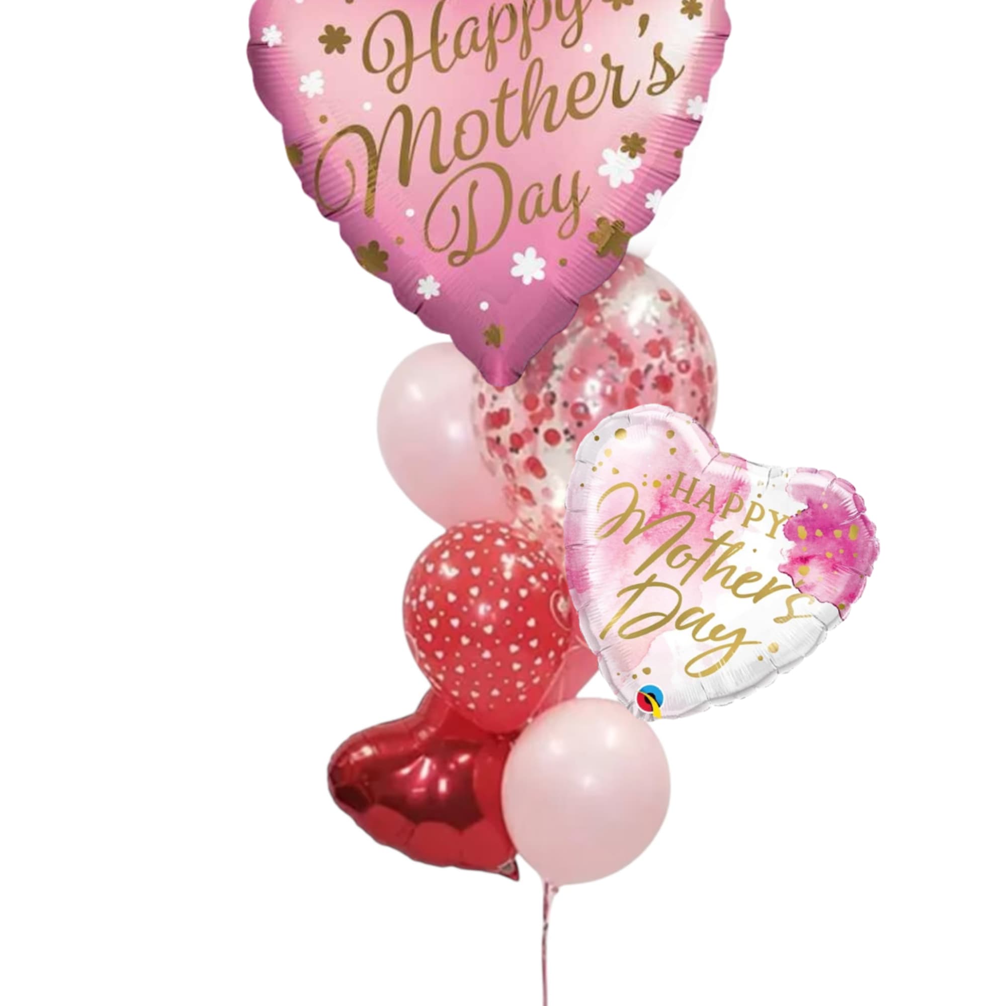 Mother's Day balloon bouquet in pink and red heart shapes