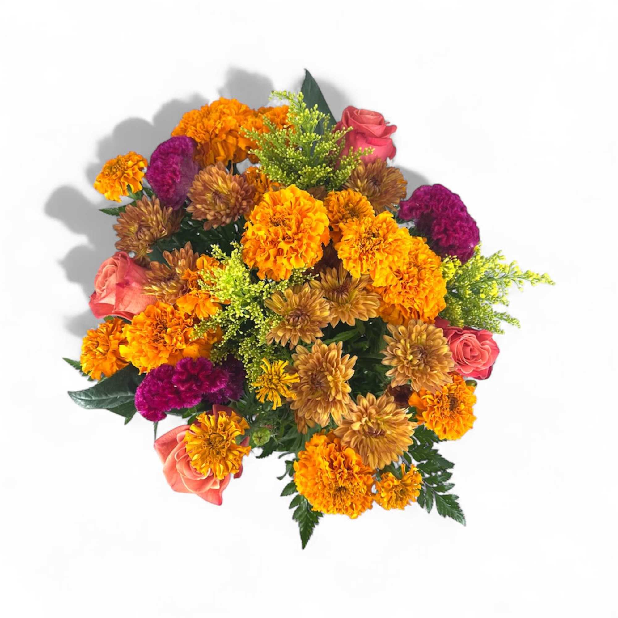 Bouquet of orange and purple flowers with pink roses