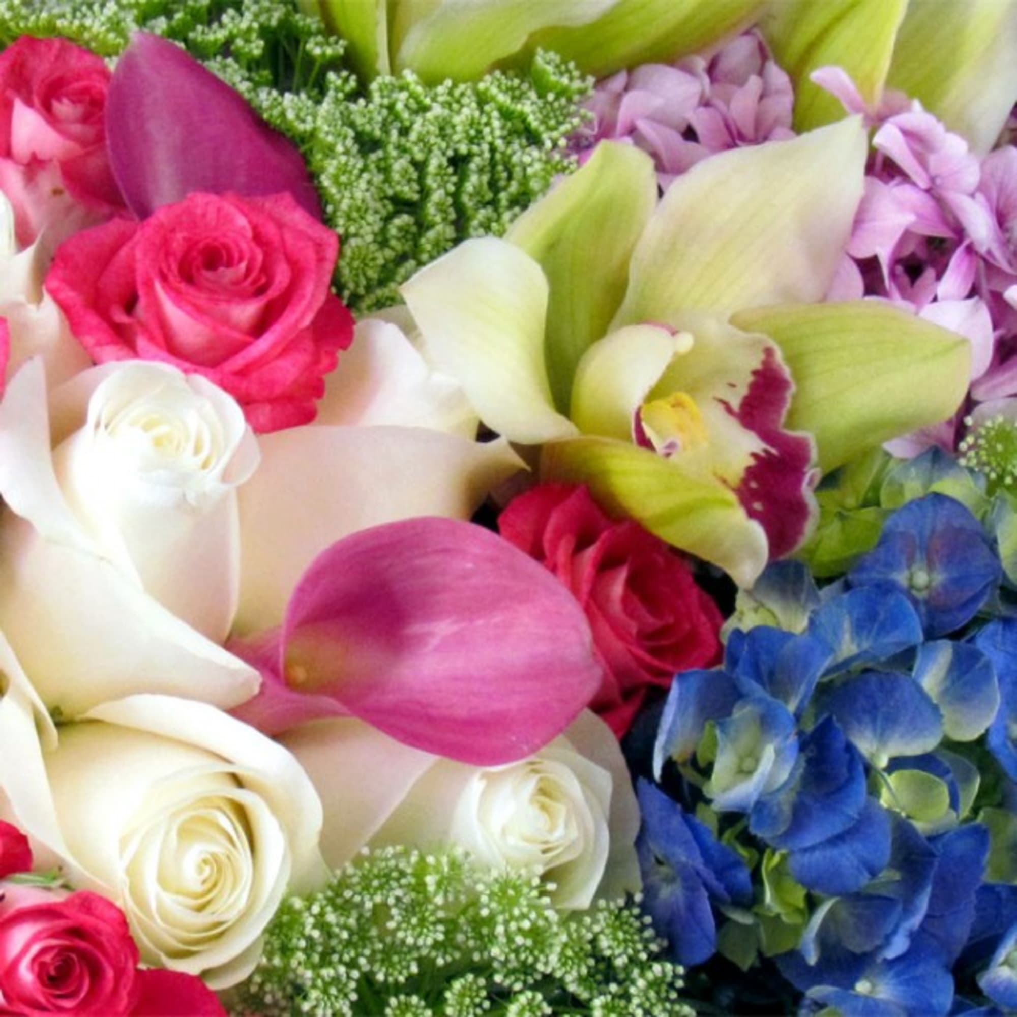 Mixed bouquet with roses, calla lilies, orchids, and hydrangeas
