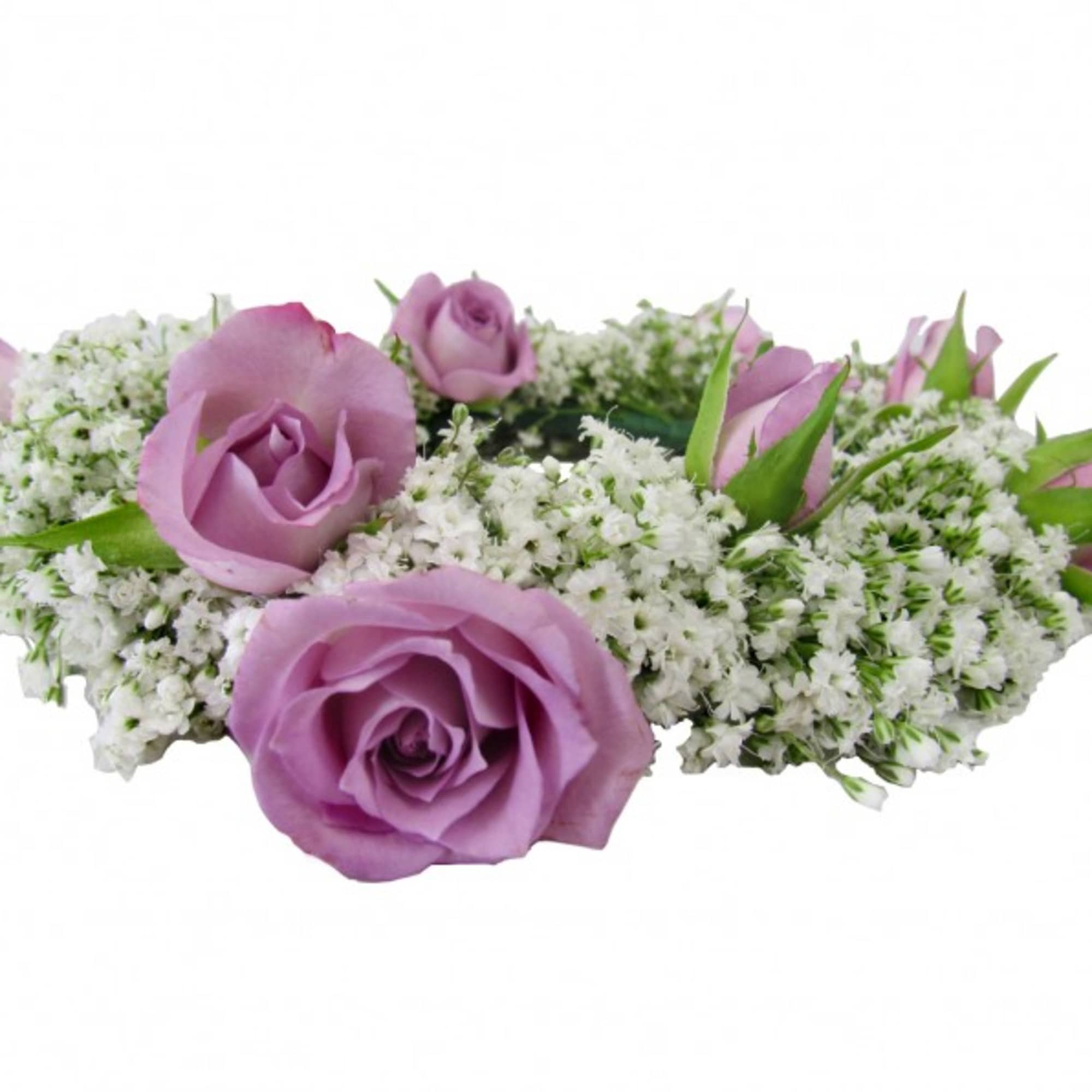 Lavender roses arranged with white filler flowers