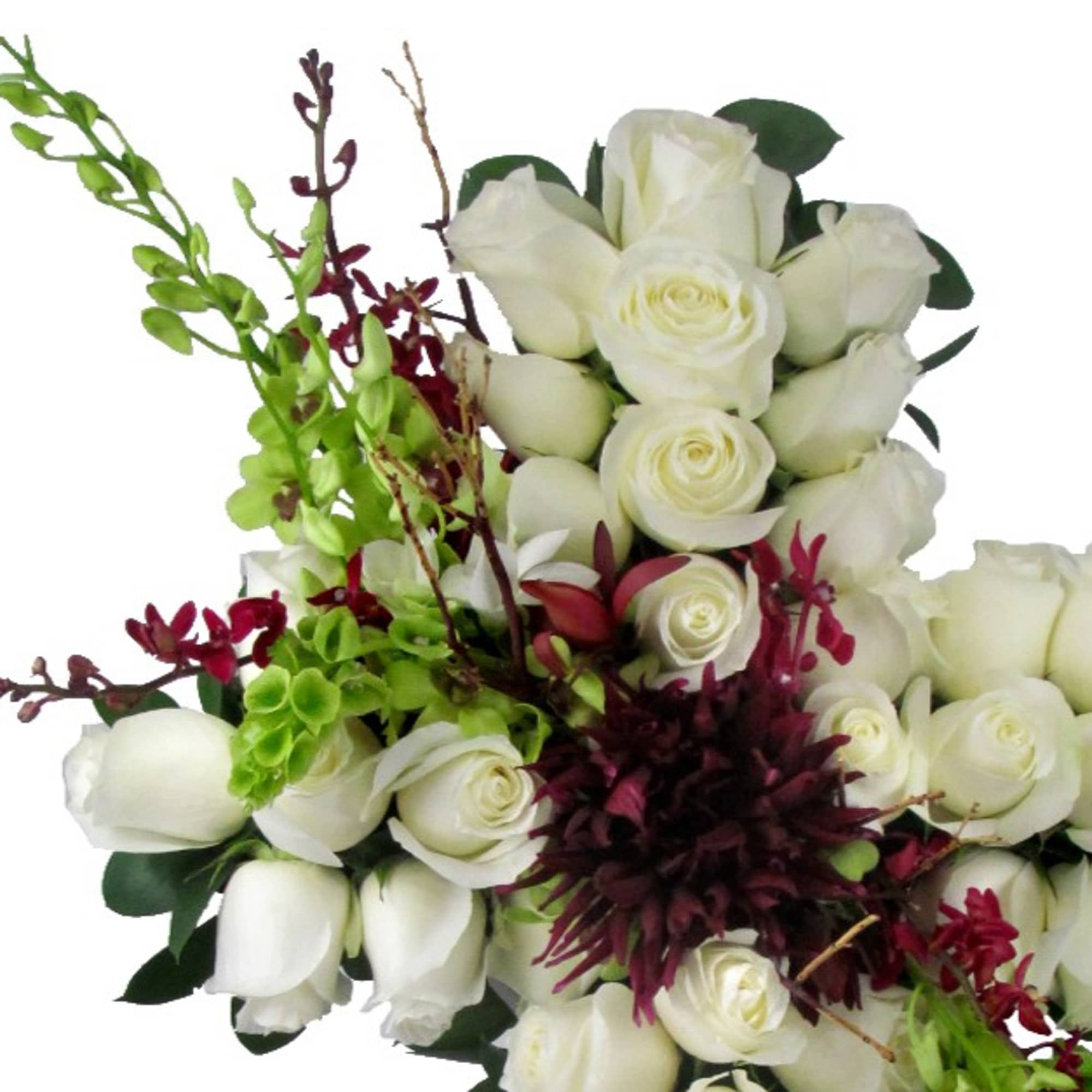 White rose bouquet with green and burgundy orchids