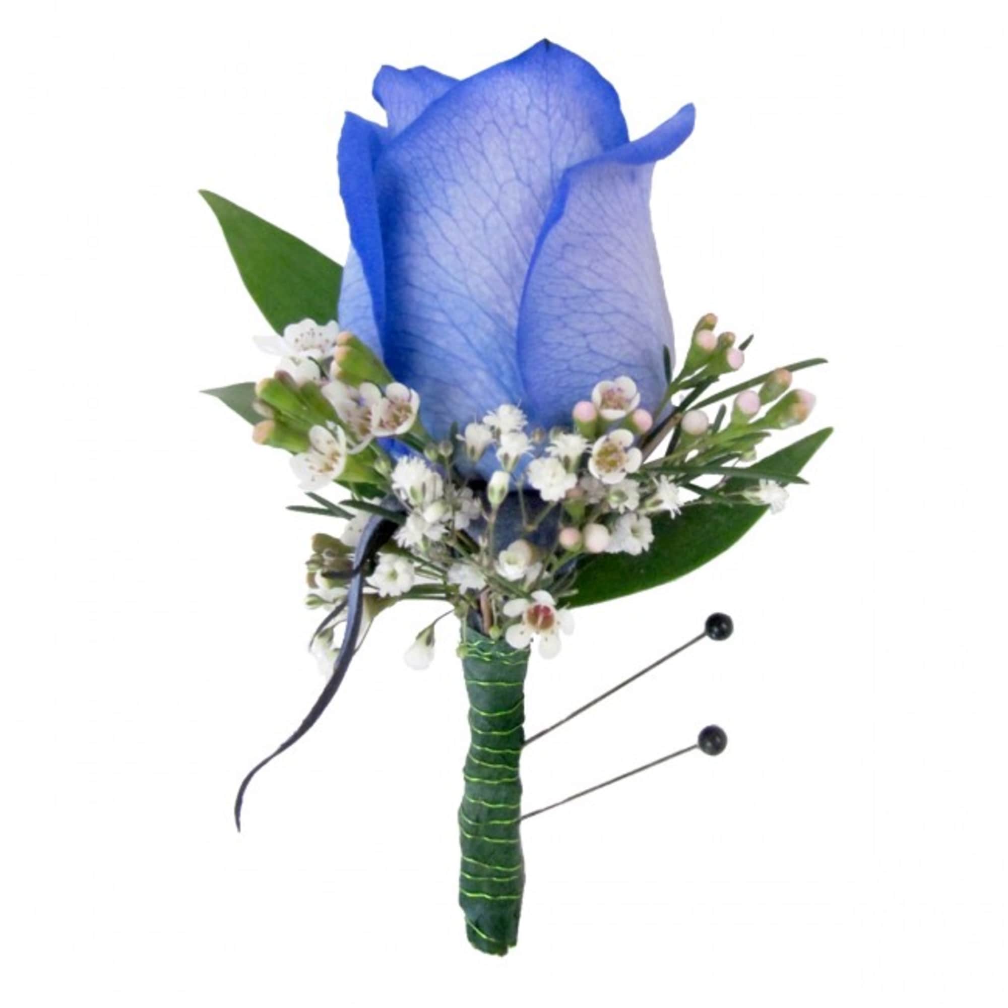 Blue rose boutonniere with small white flowers and green leaves