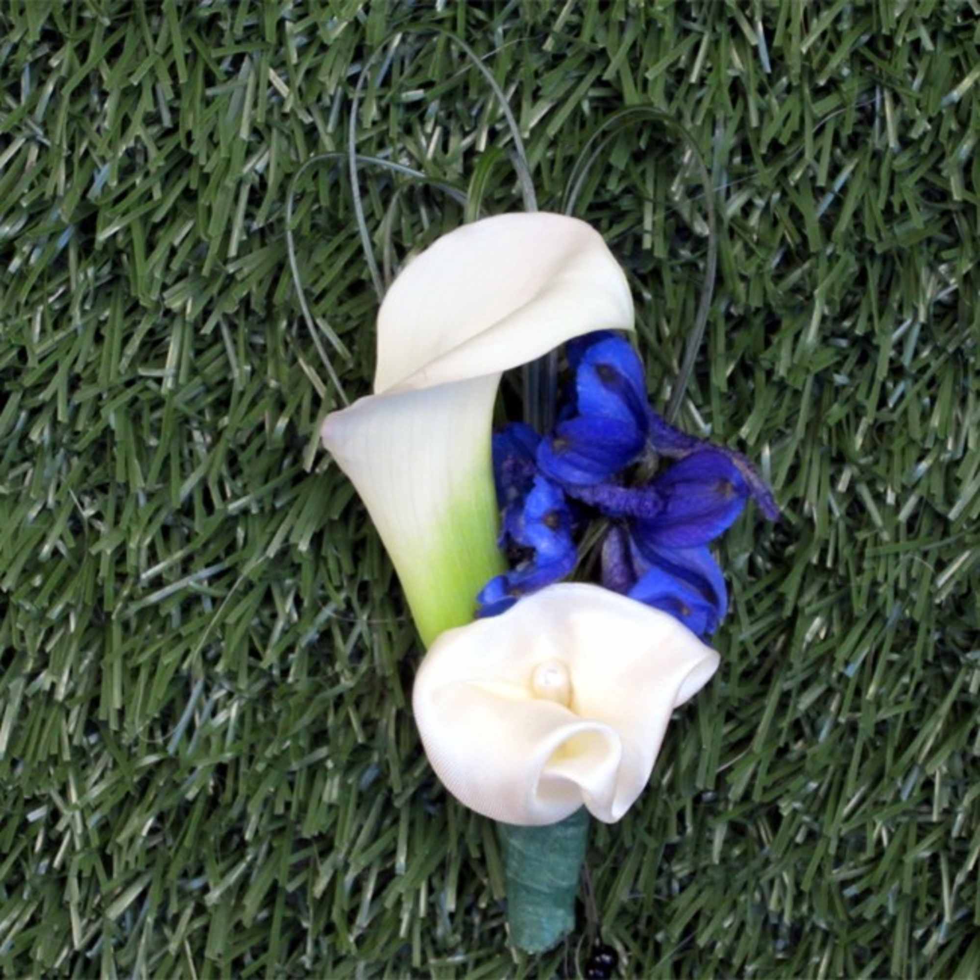 White and blue calla lily boutonniere on grass