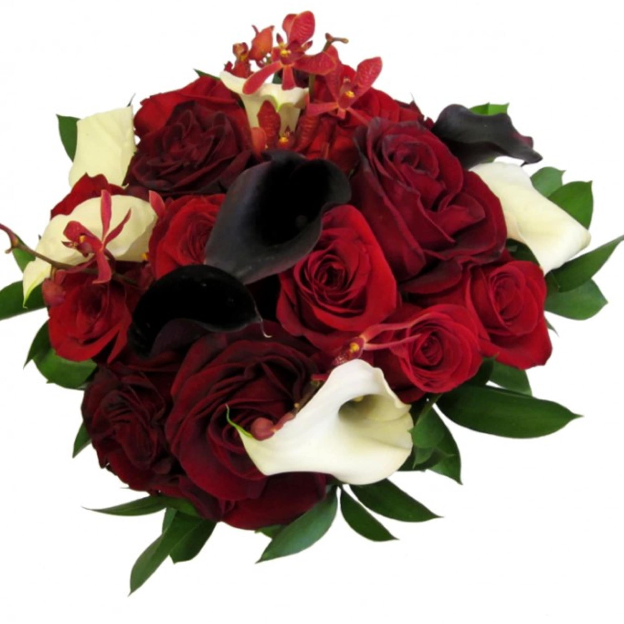 Bouquet of red roses, white calla lilies, and dark orchids