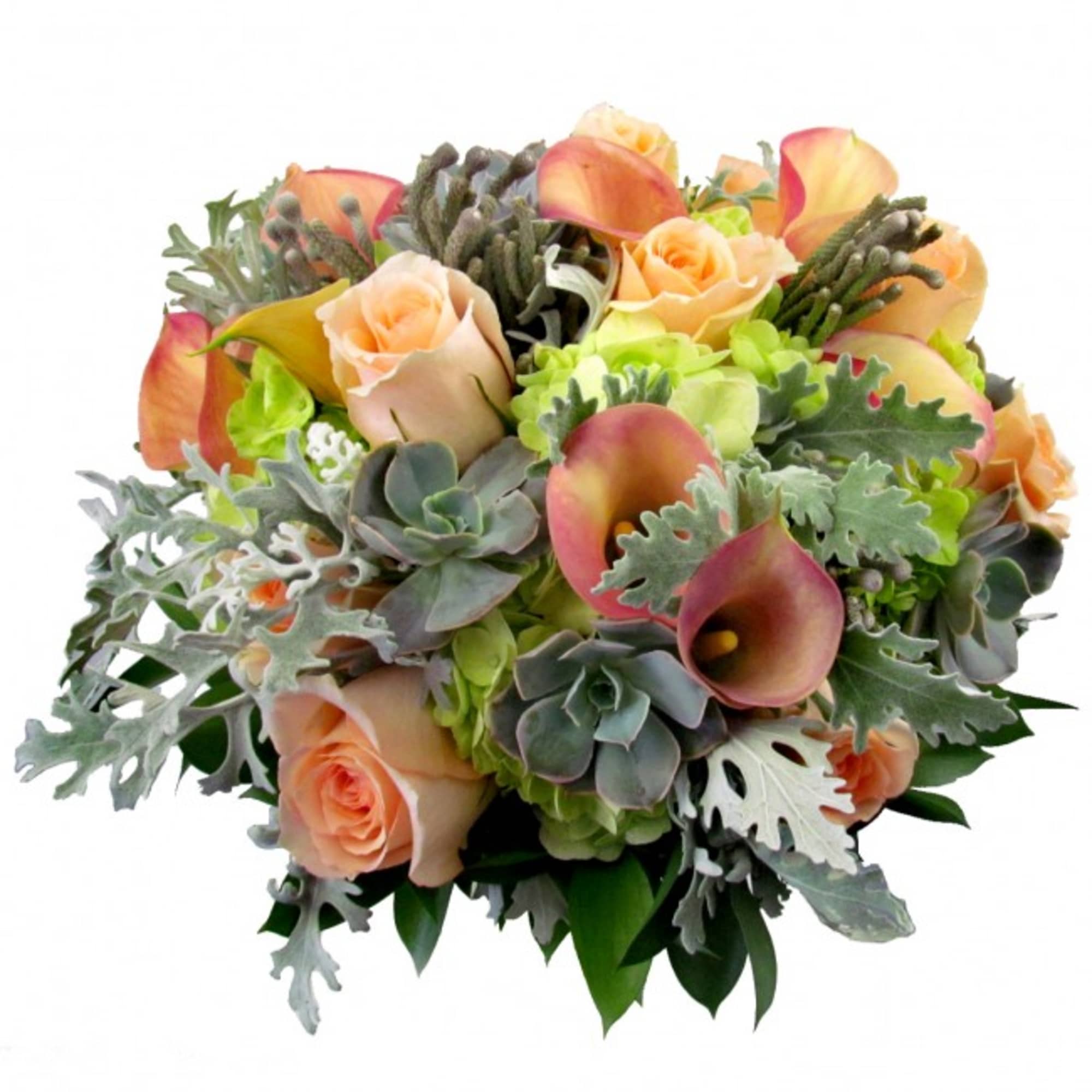Bouquet of peach roses and calla lilies with succulents