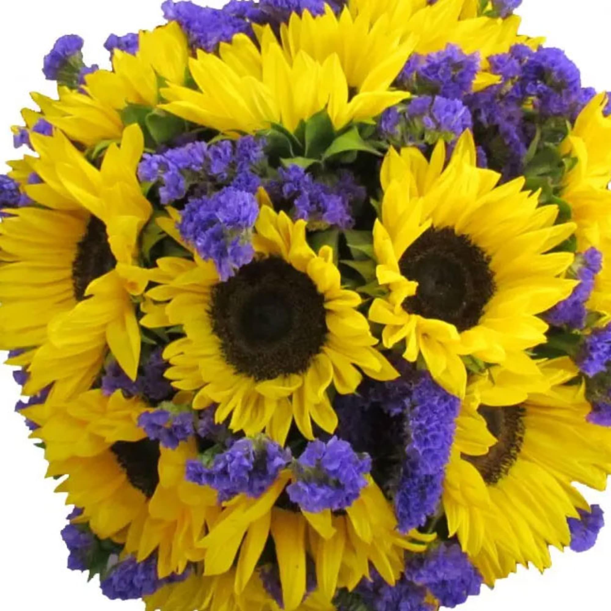 Hand-tied bouquet of yellow sunflowers mixed with clusters of small purple flowers