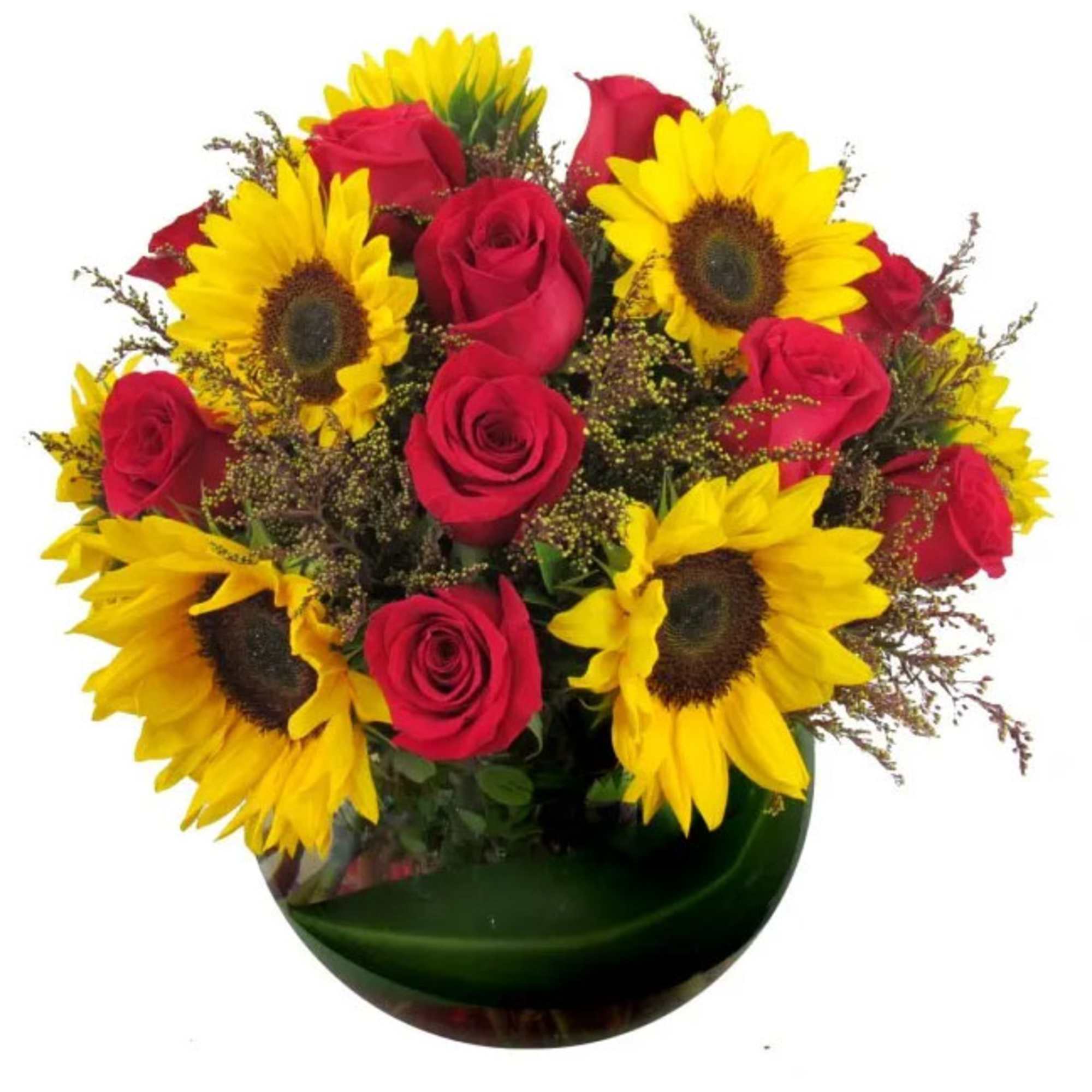 Bouquet of red roses and yellow sunflowers in a green vase