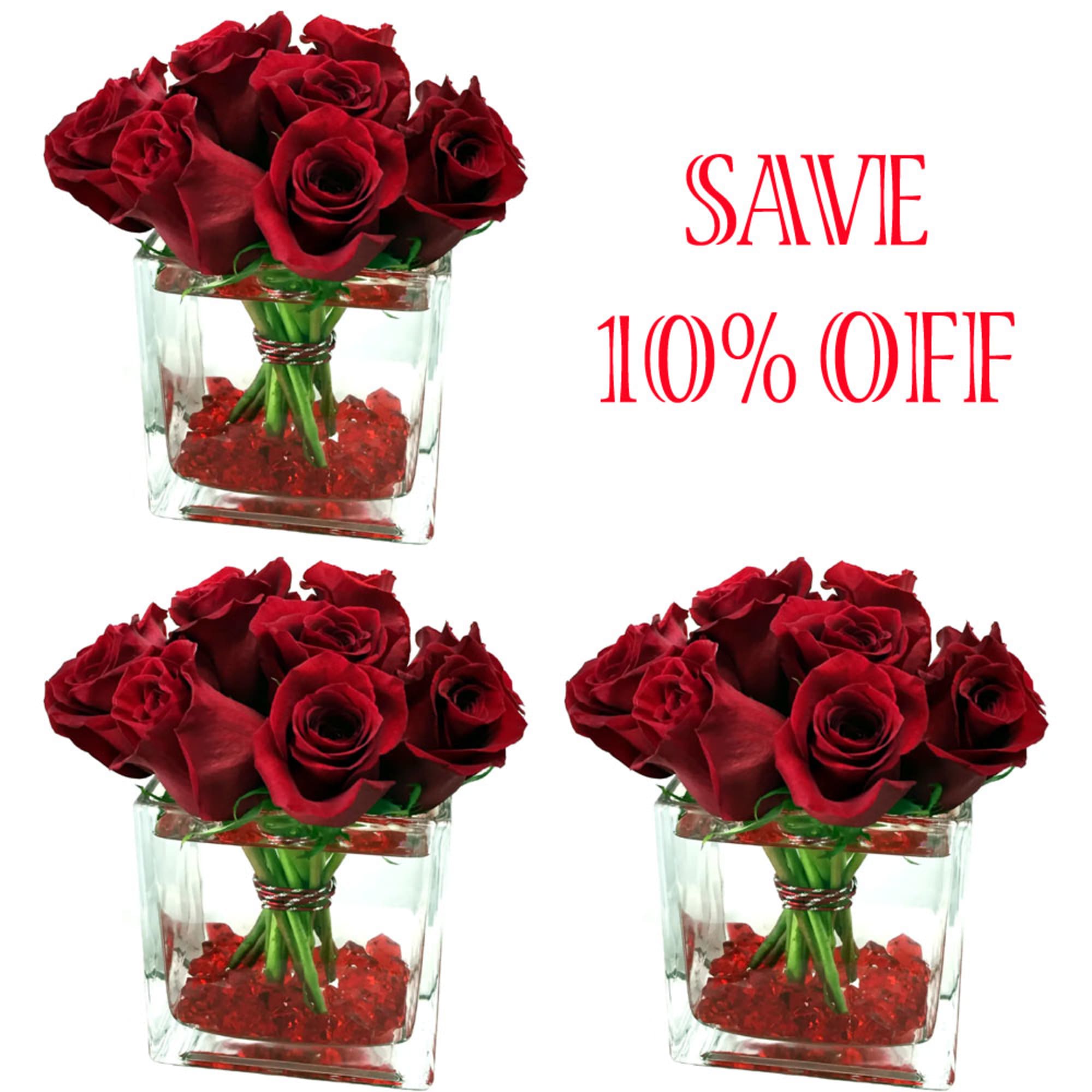 Red rose bouquets in square glass vases with red stones