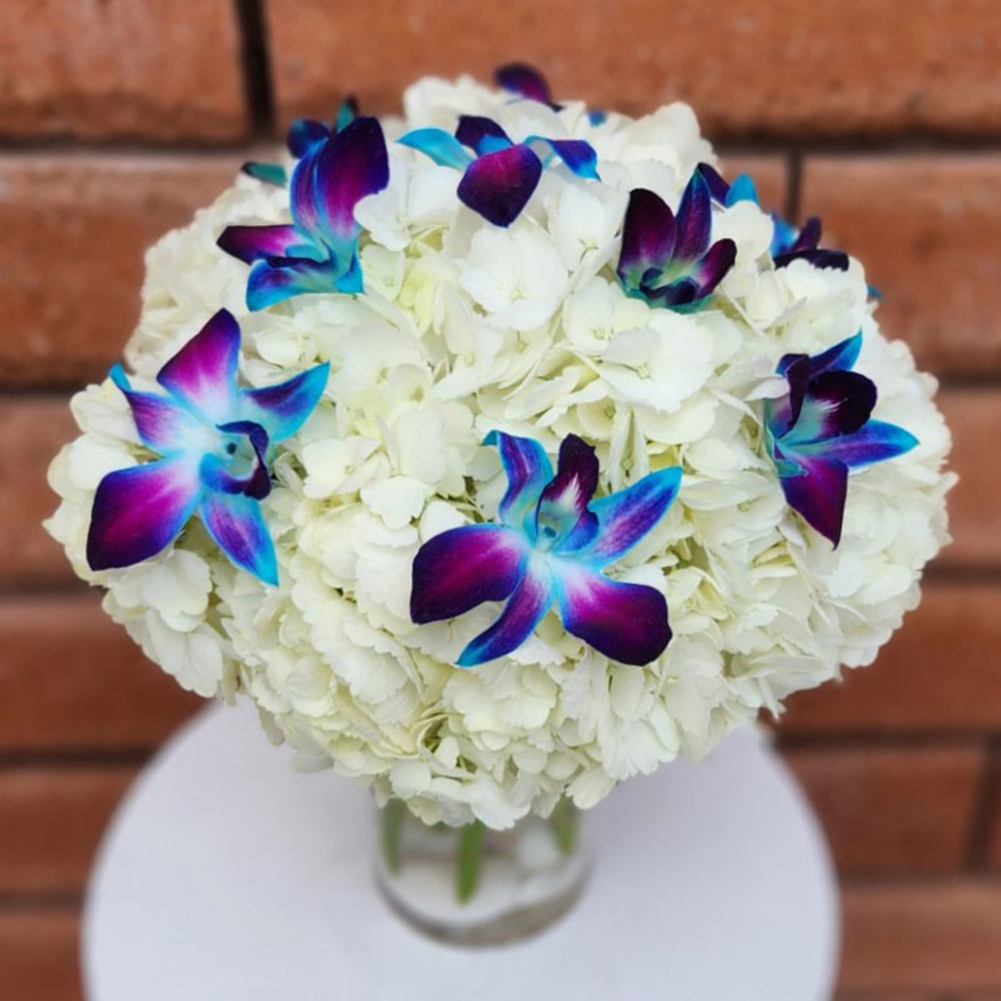 White hydrangea bouquet with vivid blue and purple orchid accents in a glass vase