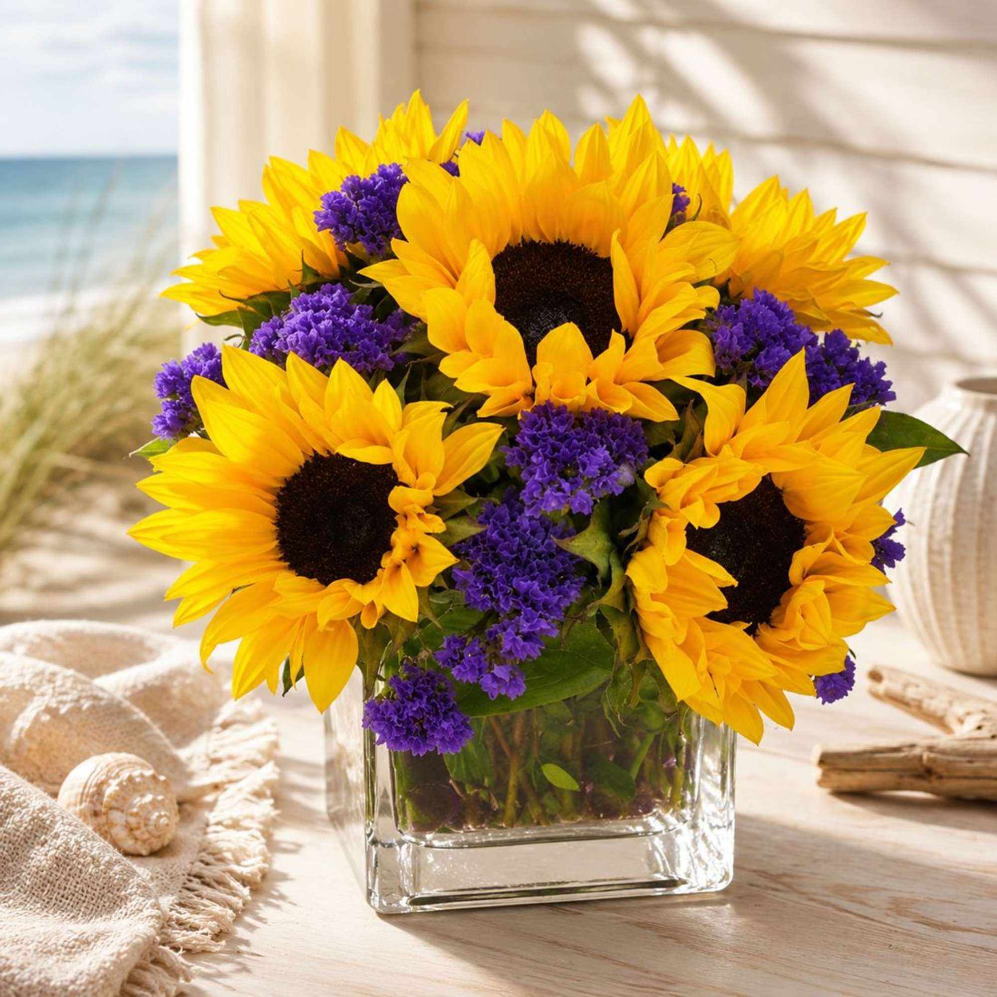 Bright Sunflower &amp; Purple Statice Bouquet &ndash; Same-Day Sunflowers Delivery in San