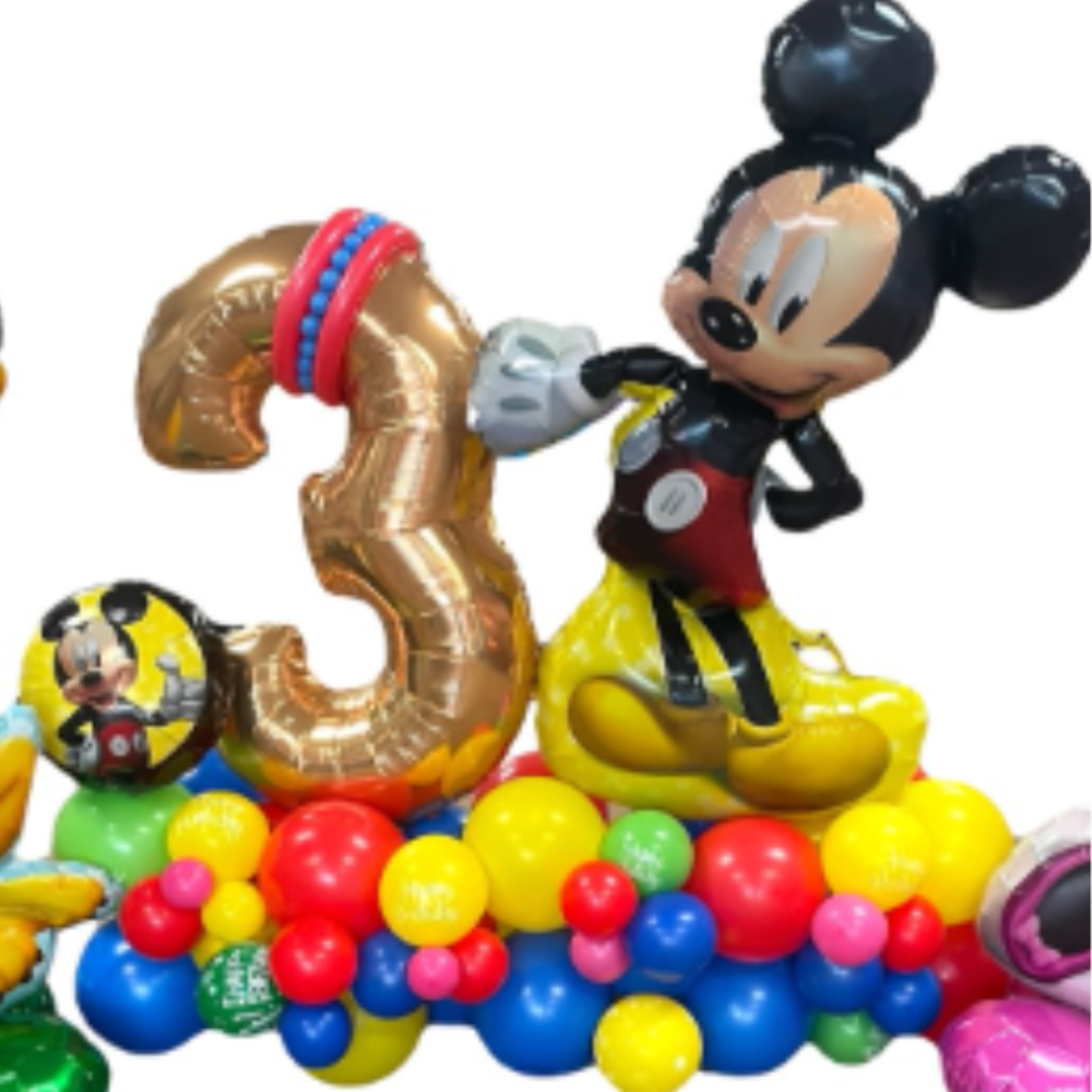 Mickey Mouse balloon display with a gold number 3 and colorful balloons