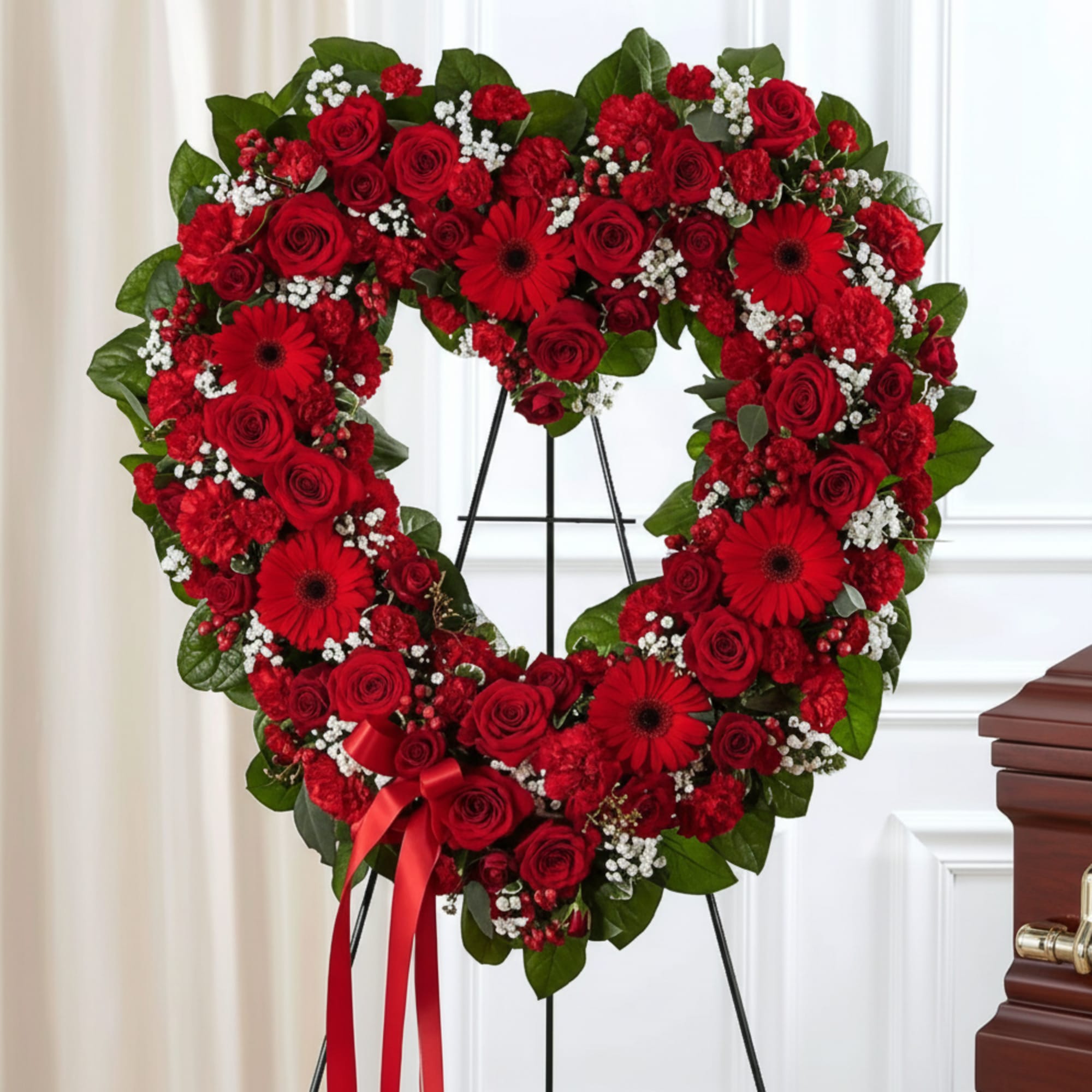 Heart-shaped red rose and gerbera wreath on an easel with a ribbon
