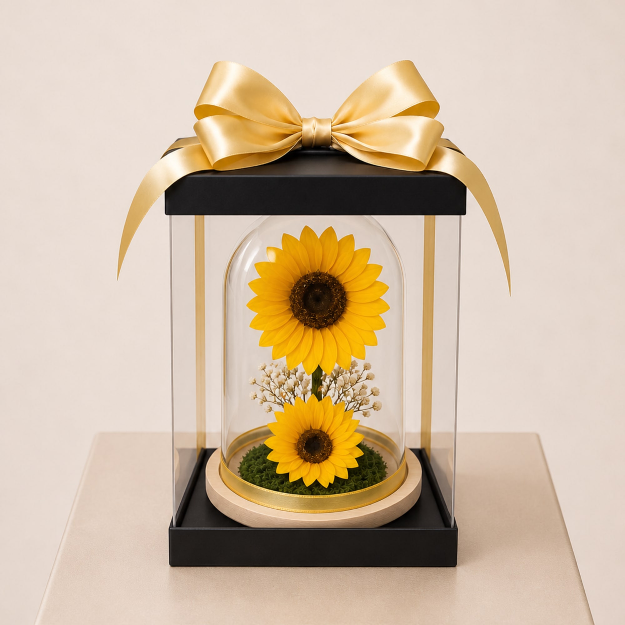 Two real Ecuadorian sunflowers, professionally preserved to maintain their natural beauty for