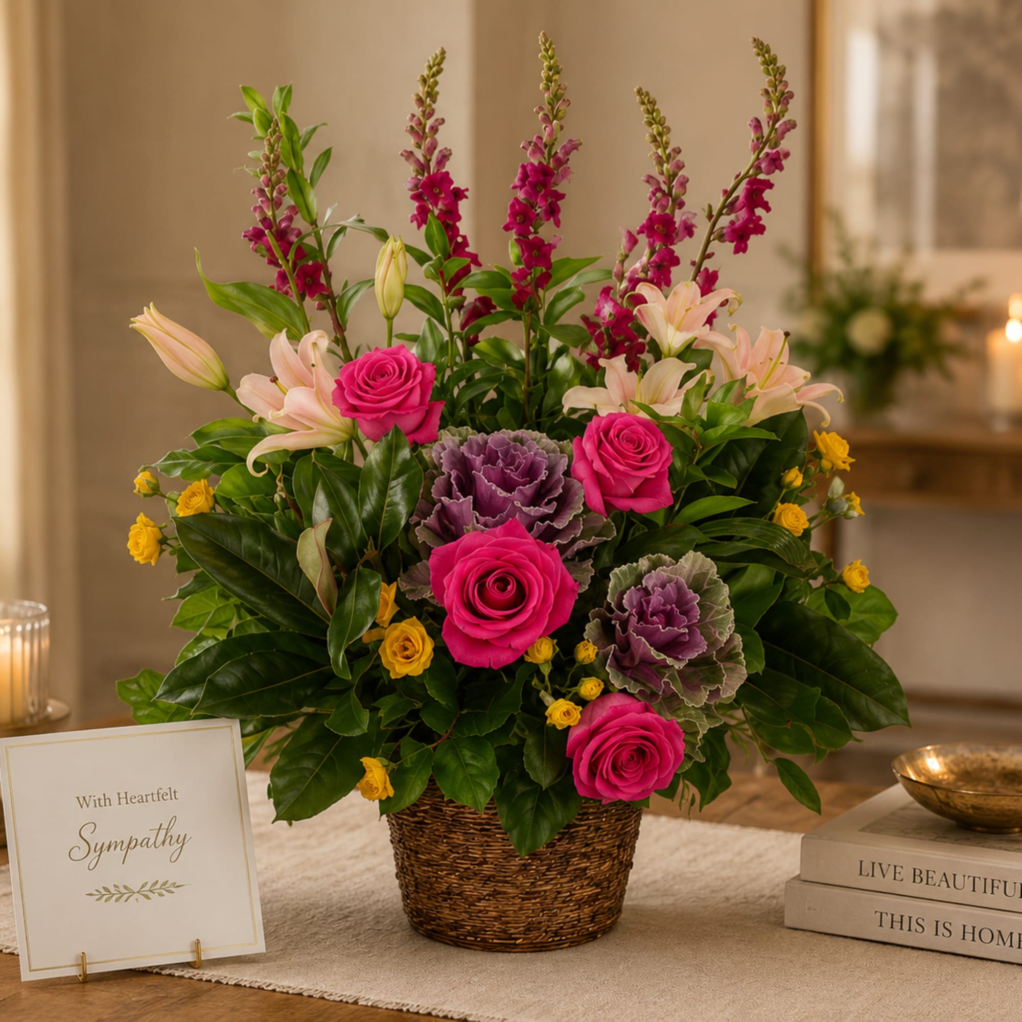 In this heartfelt single-sided funeral basket, a vibrant medley of colors and