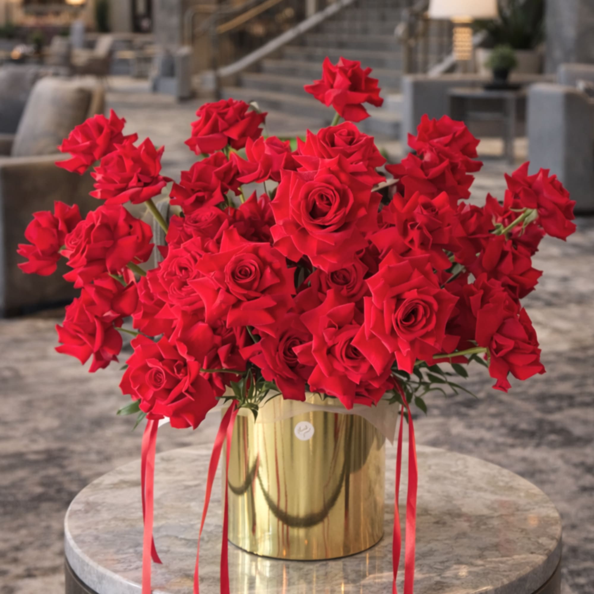 Velvet-red roses packed into a reflective gold cylindrical box create an immediate