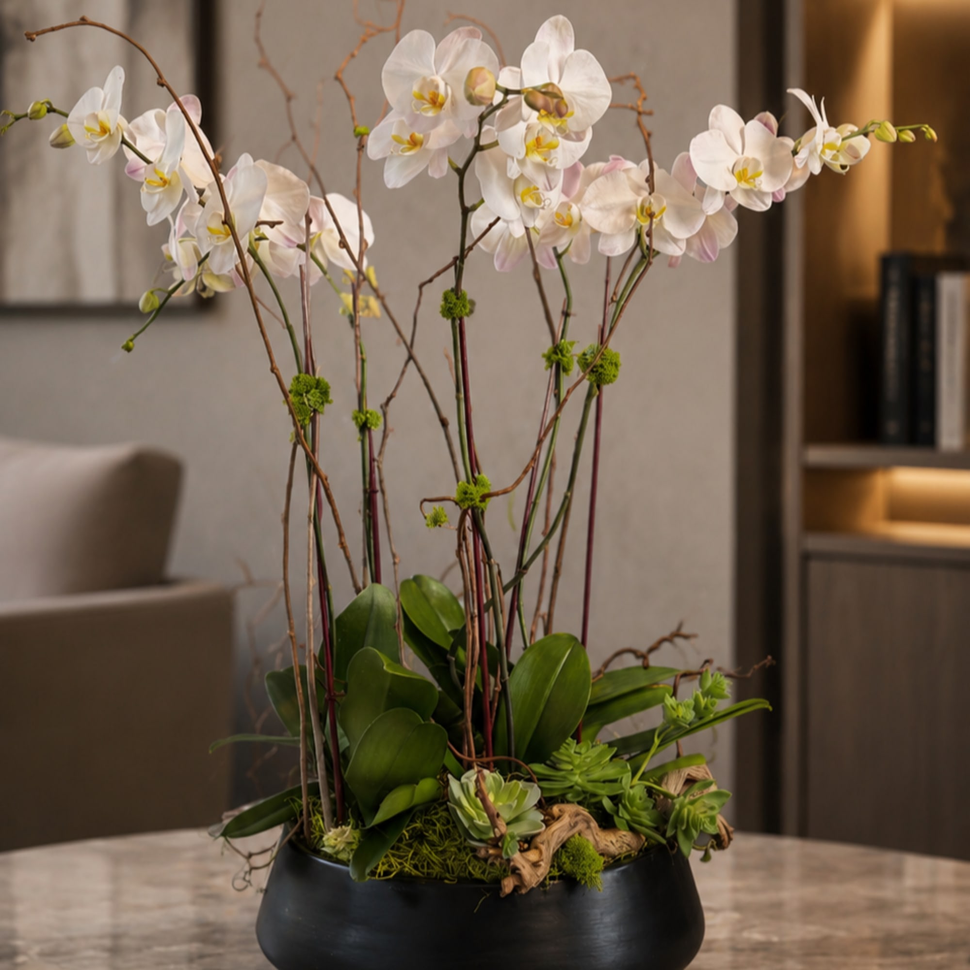 Tall white phalaenopsis orchids arch gracefully above a low, rounded bowl for