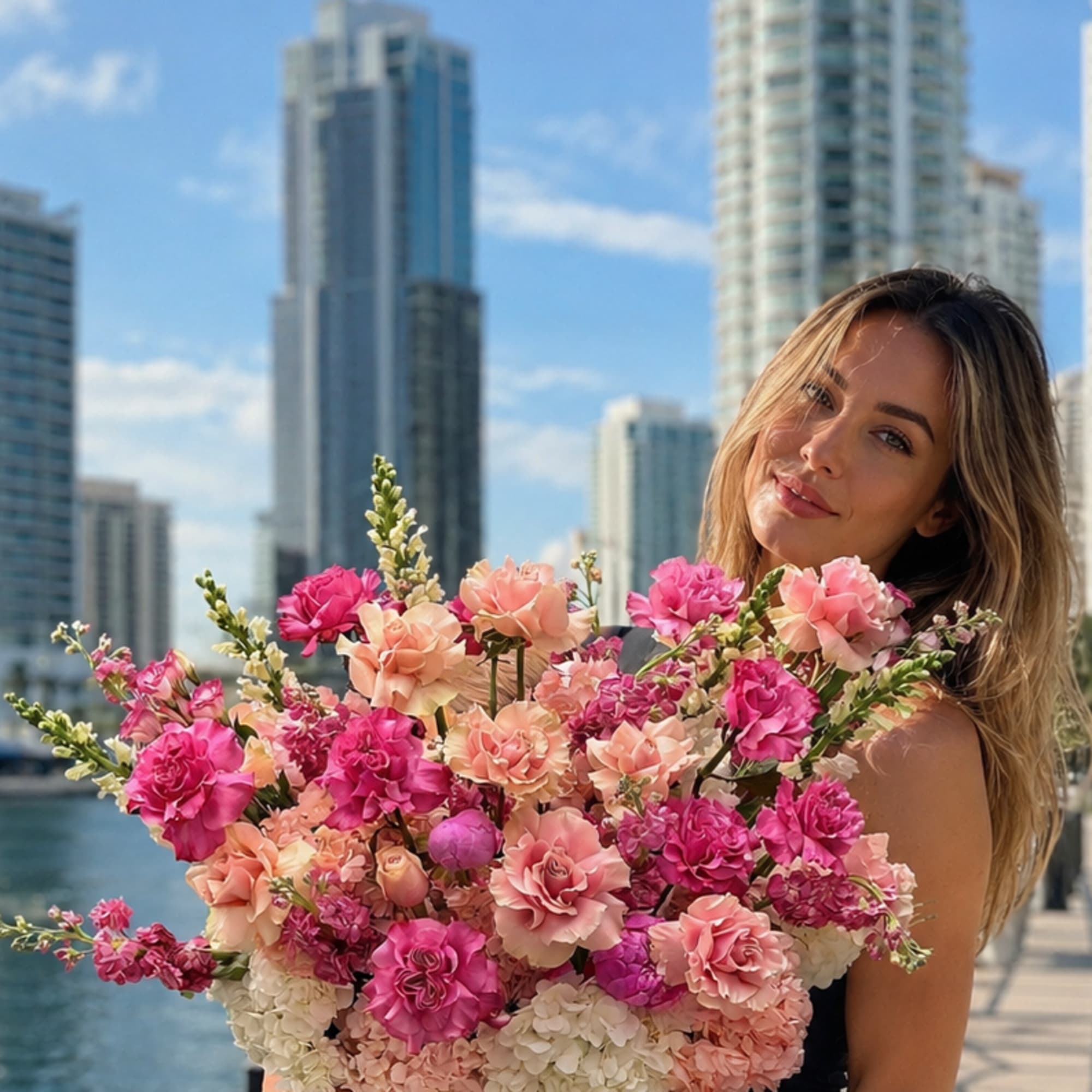 A lush, rounded bouquet of pink, white, and purple florals that reads