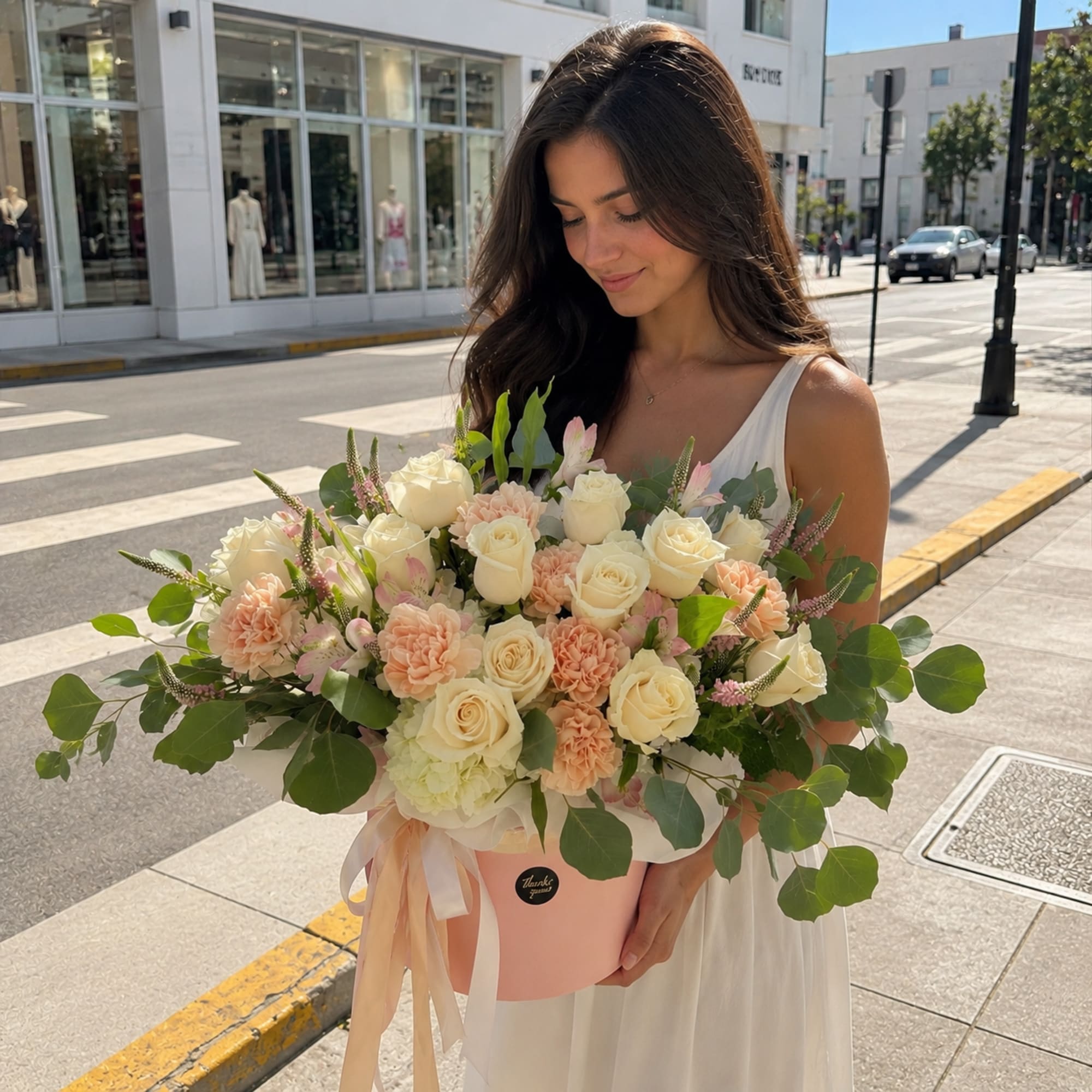 A soft, garden-fresh presentation built around cream roses and blush-to-peach carnations -