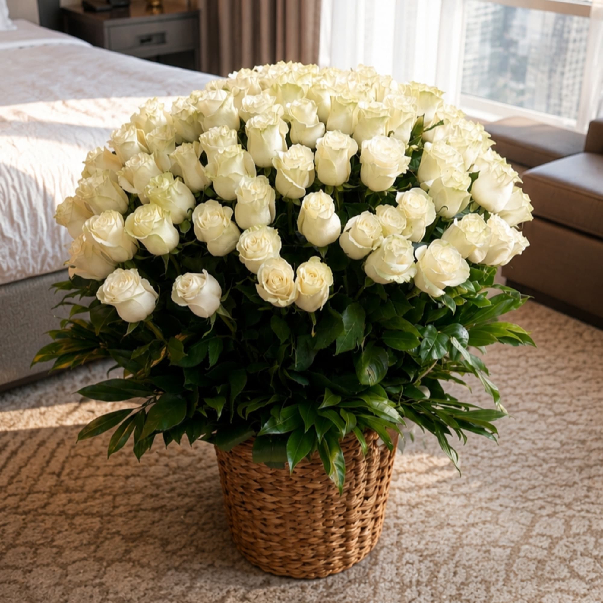 A lush dome of cream-white roses creates an immediate sense of quiet
