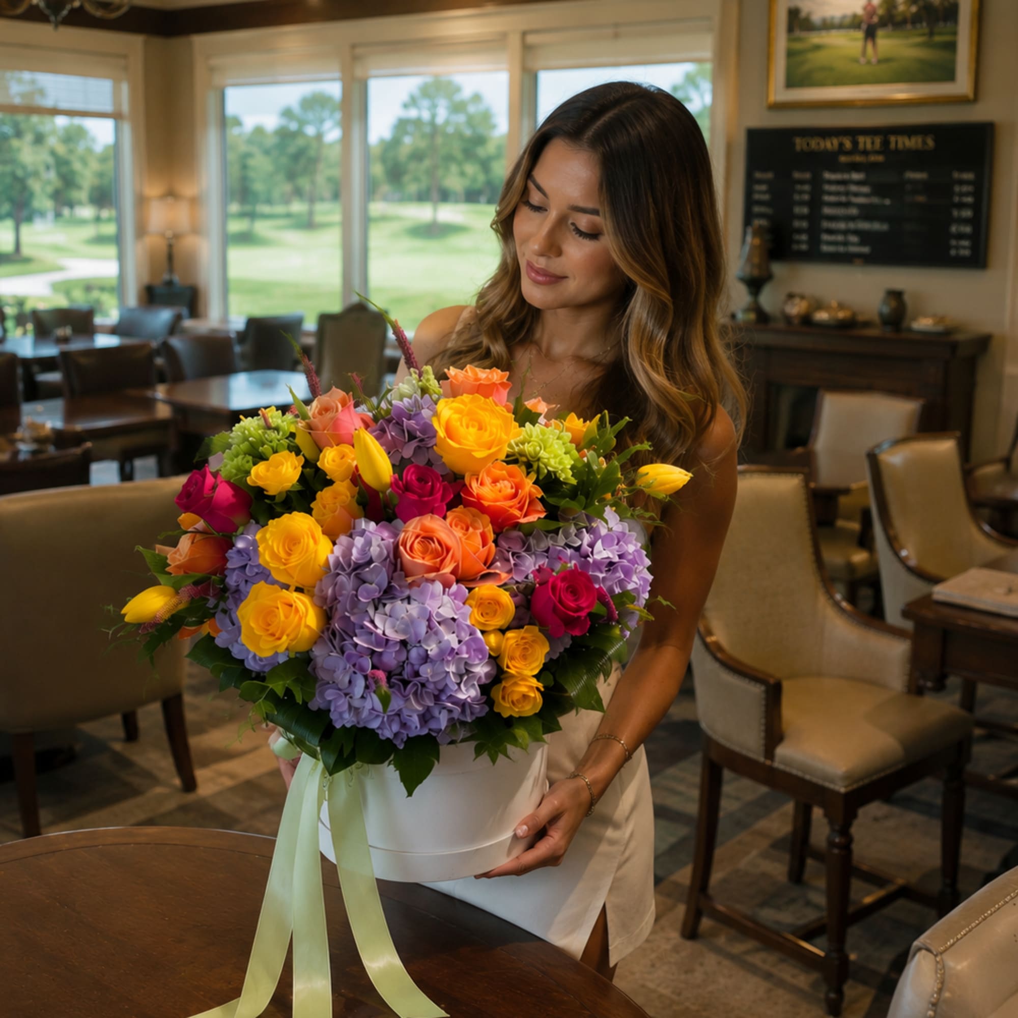 A vivid, joy-filled bouquet in a white round hatbox that reads like