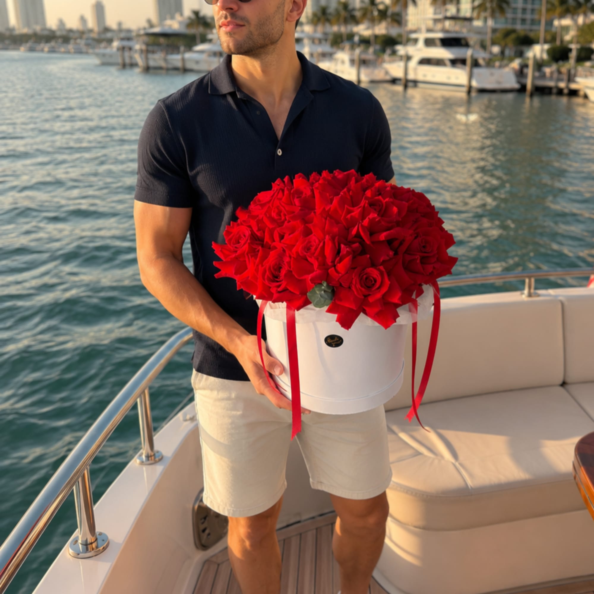 A dense dome of vivid red roses arranged in a crisp white