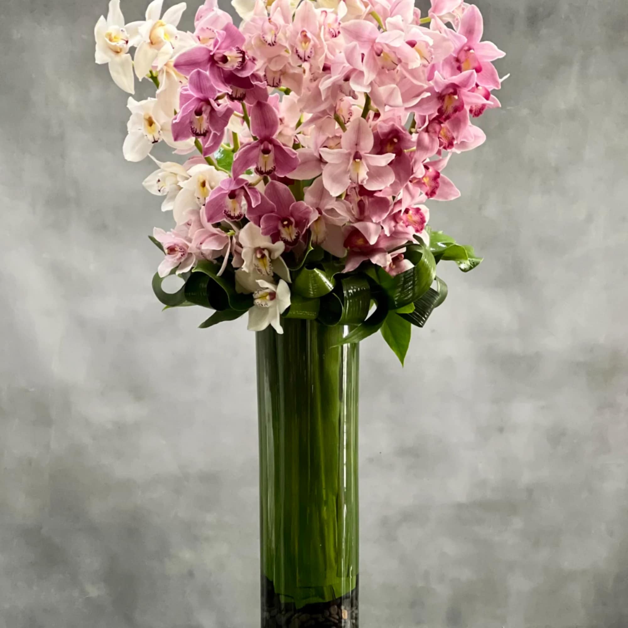 Tall cylinder vase of pink and white orchids with looped green foliage and stones at the base