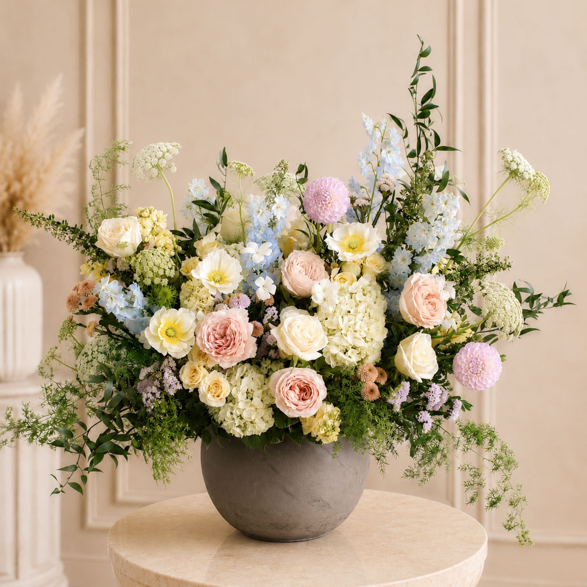 This luxurious bouquet captures the essence of a serene garden, featuring an