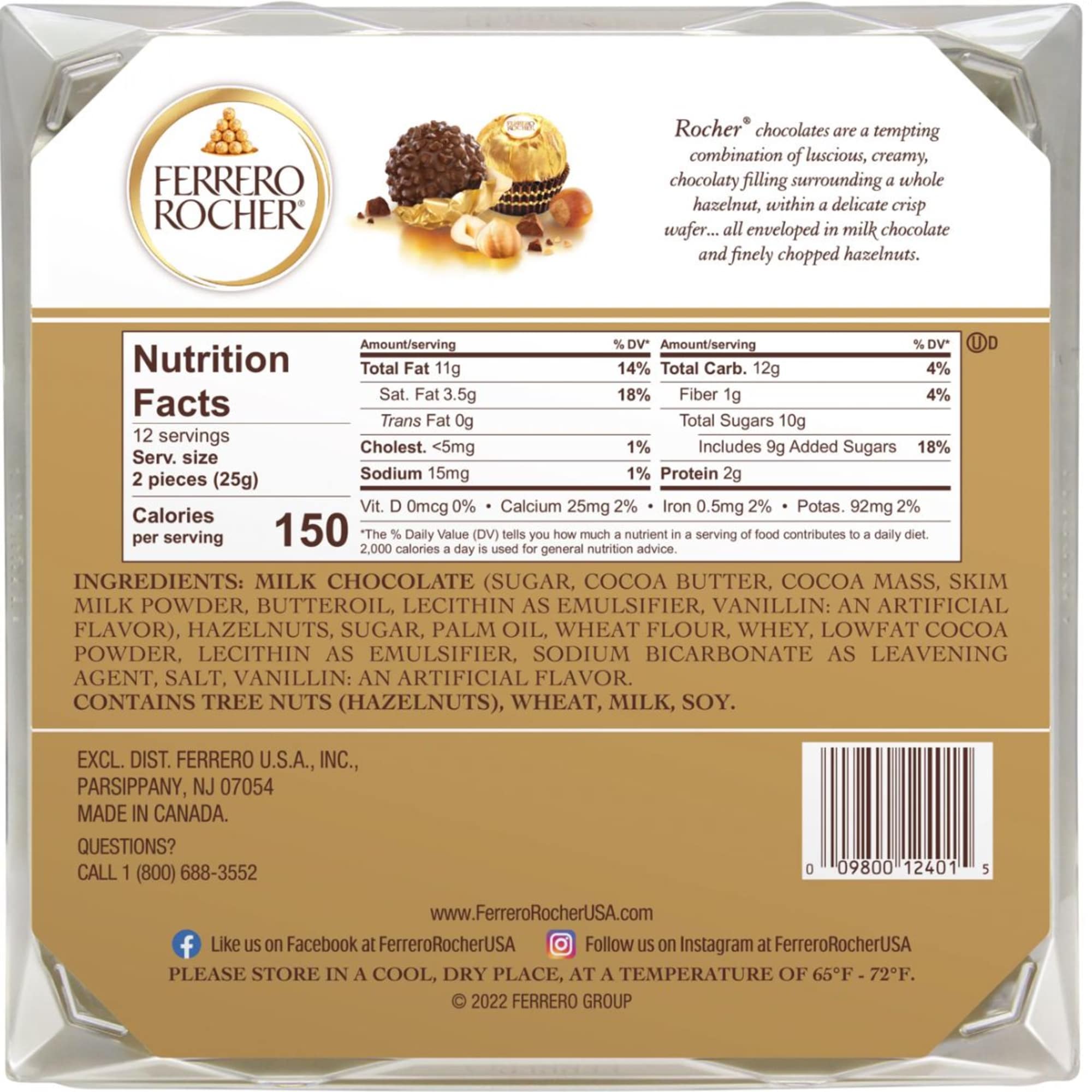 Ferrero Rocher chocolate box with nutrition label on the back