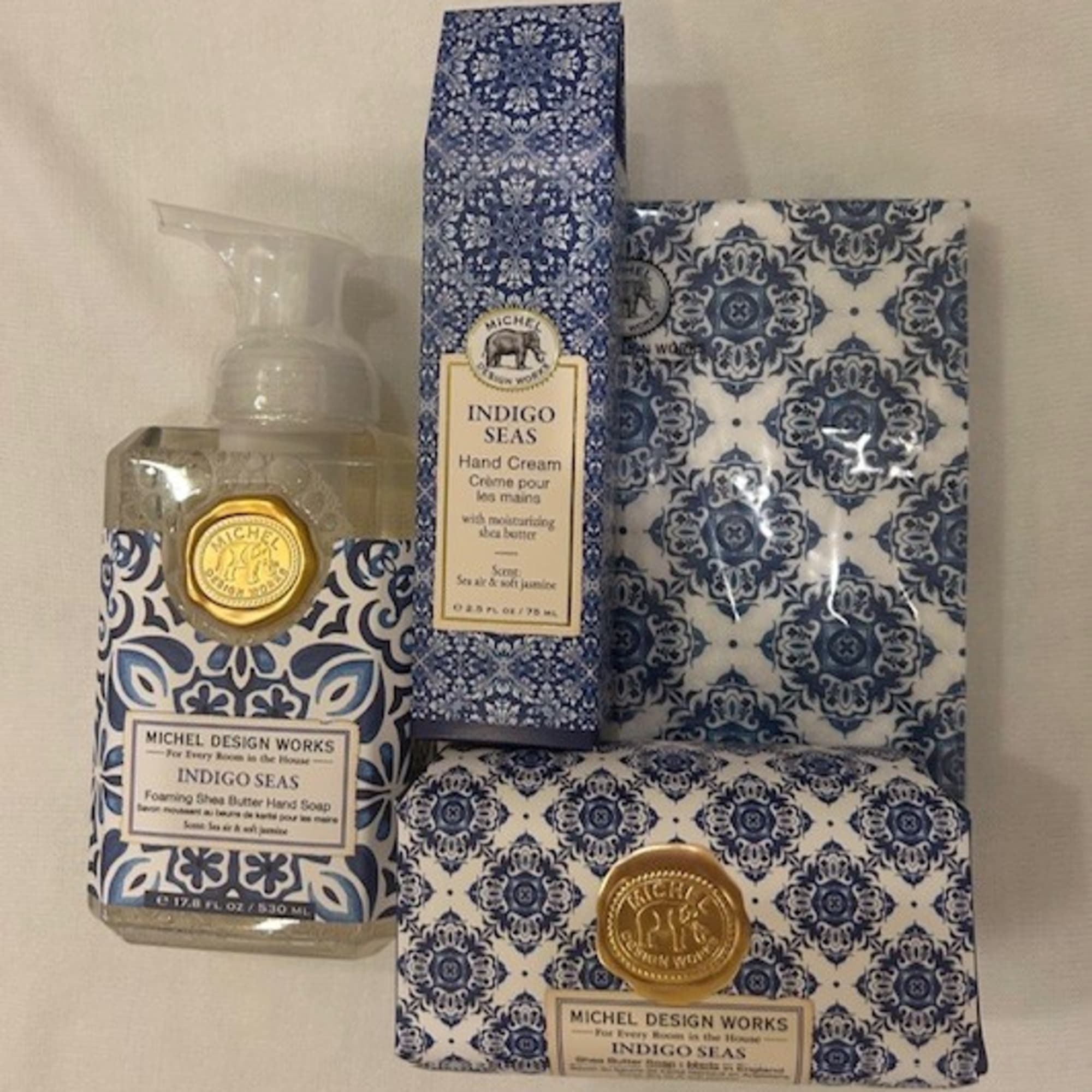 Indigo Seas hand soap and hand cream gift set with patterned packaging