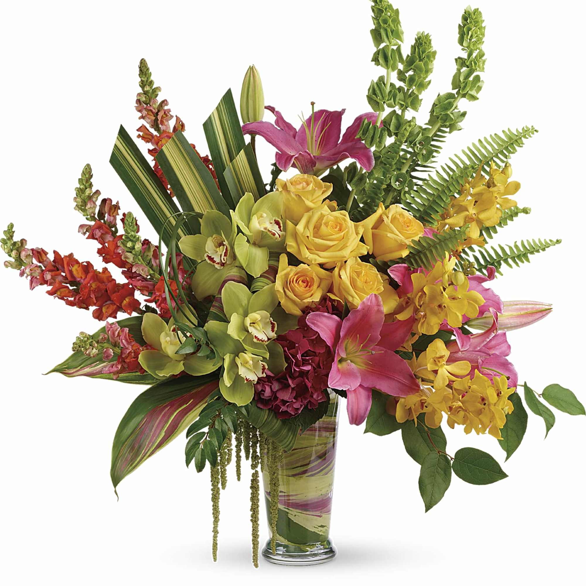 Mixed bouquet of lilies, roses, and orchids in a glass vase