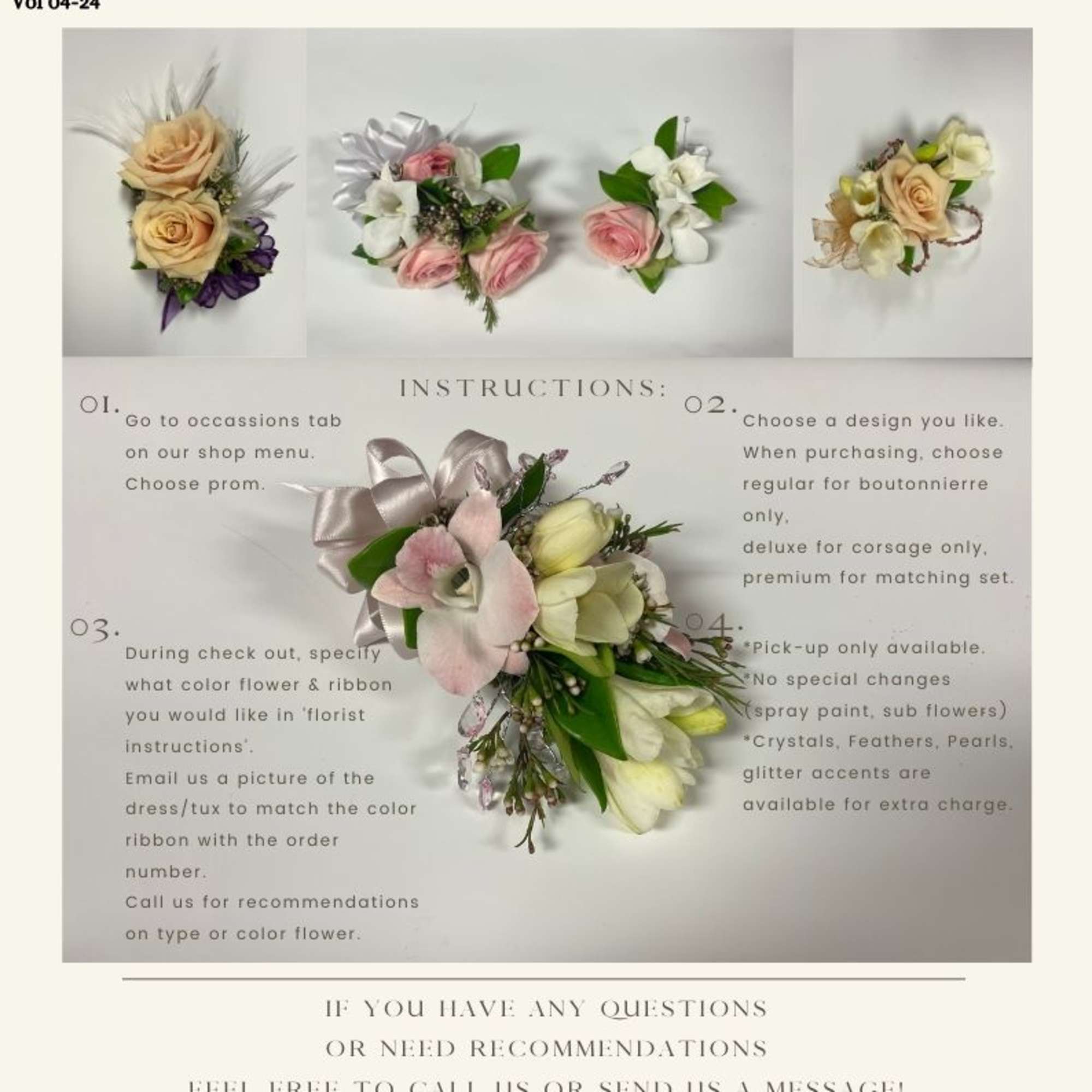 Assorted pastel rose corsages and boutonnieres with white blooms and ribbon bows displayed on a prom information card