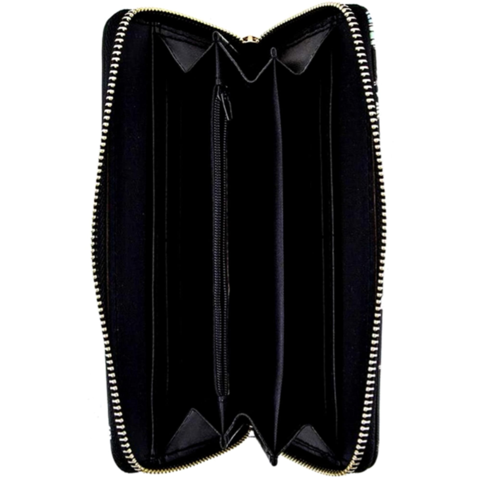 Open black zippered wallet with multiple card slots