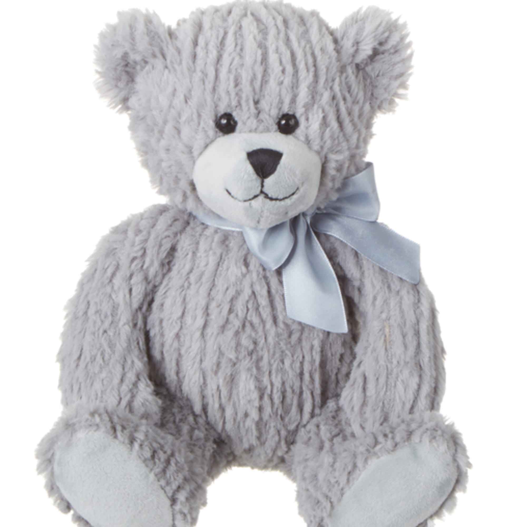 Gray teddy bear with a light blue ribbon