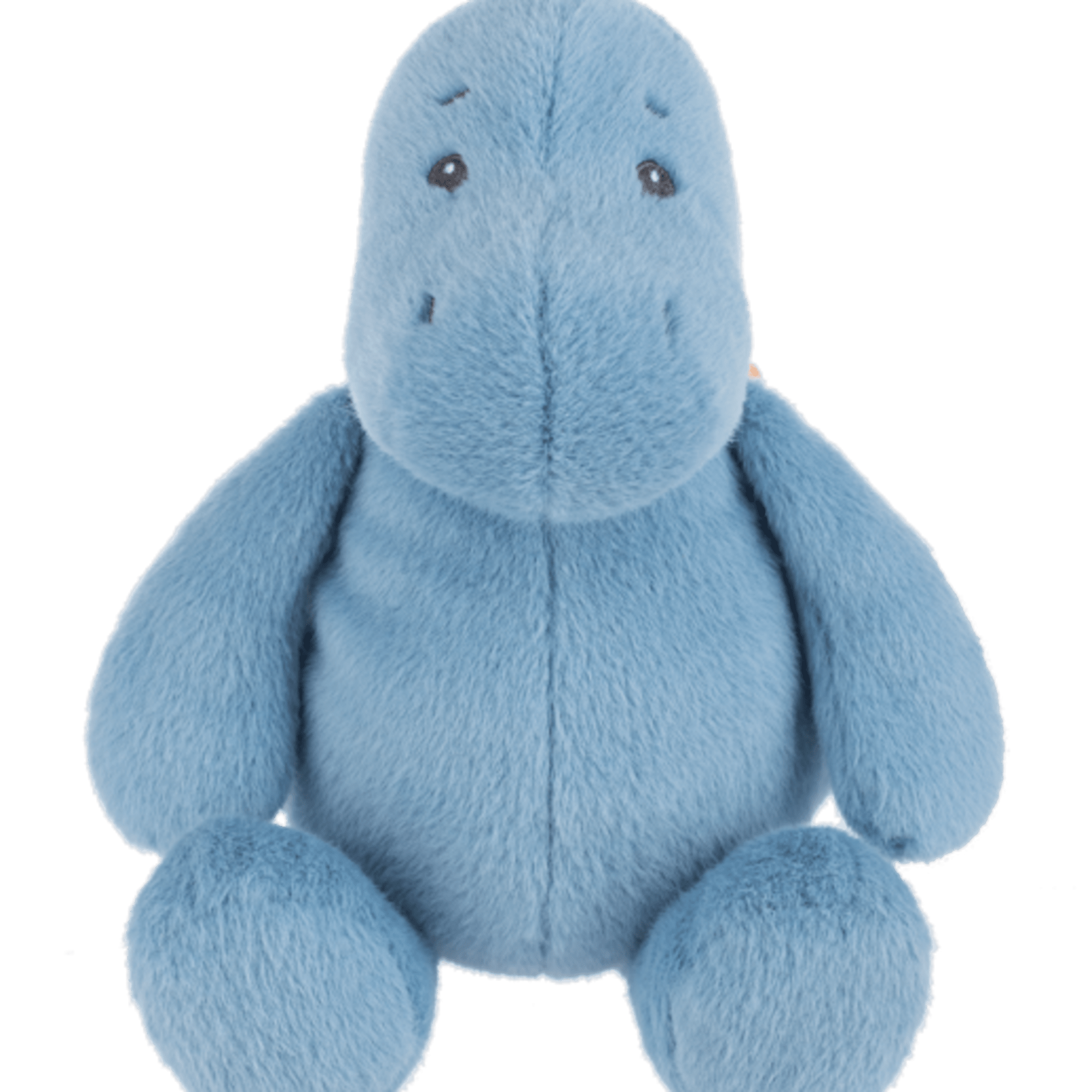 Blue plush dinosaur toy sitting upright