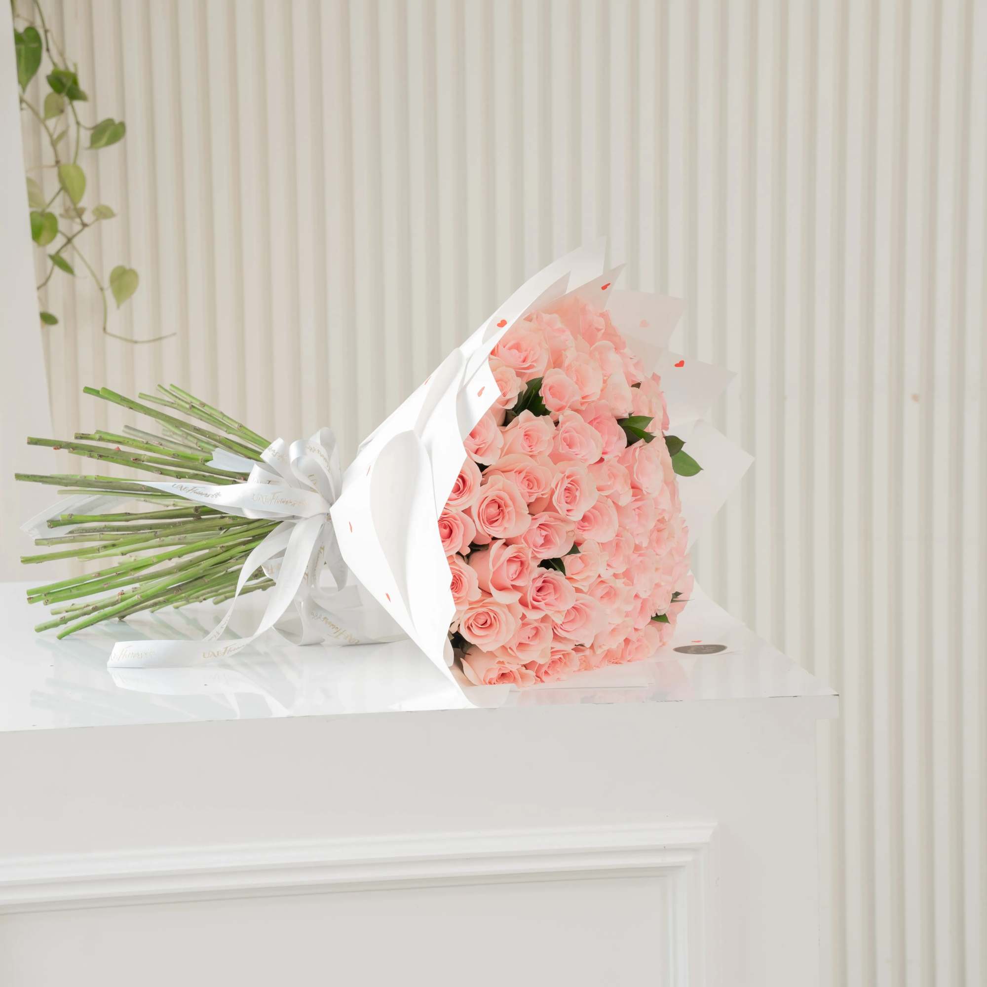 Bouquet of pale pink roses wrapped in white paper