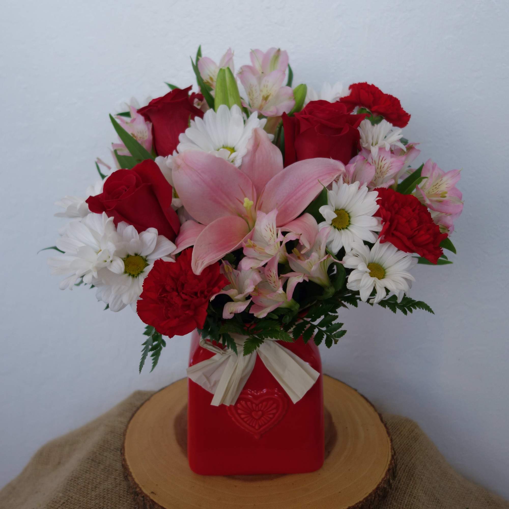 A romantic red, white, and pink arrangement to send all your love